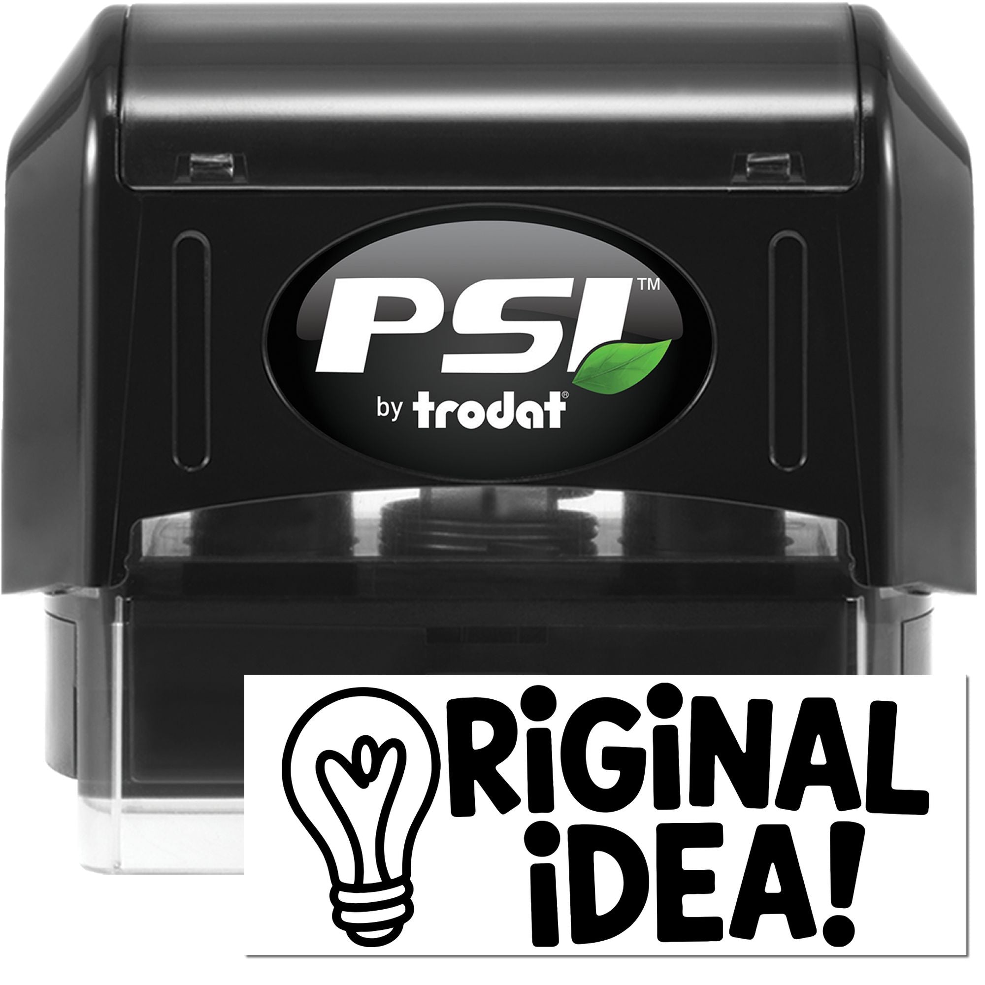 Black PSI by Trodat self-inking stamp and seal, black casing with green leaf logo and Original Idea! badge