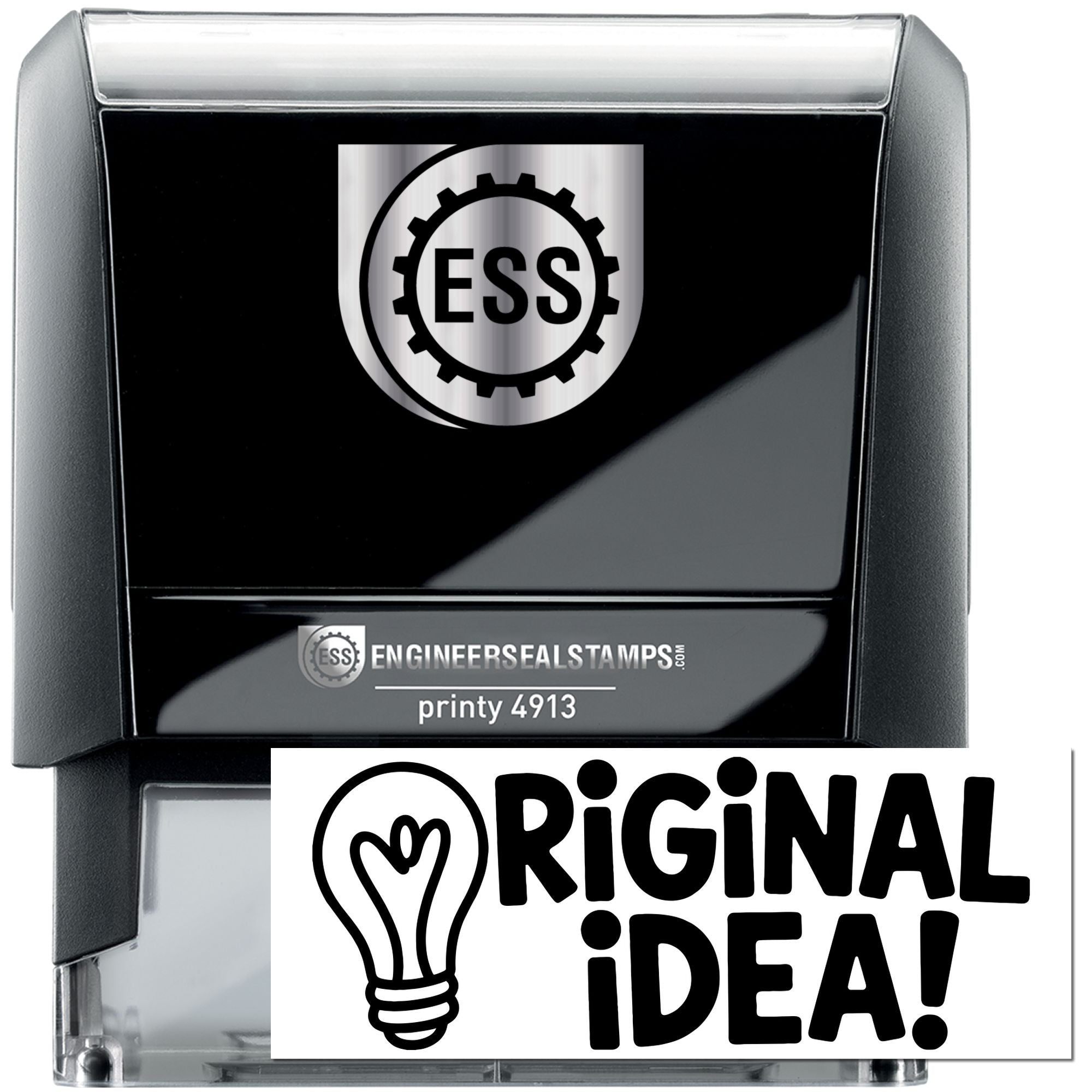 Black and gray self-inking engineer seal stamp with ESS logo and transparent base, labeled Original Idea!