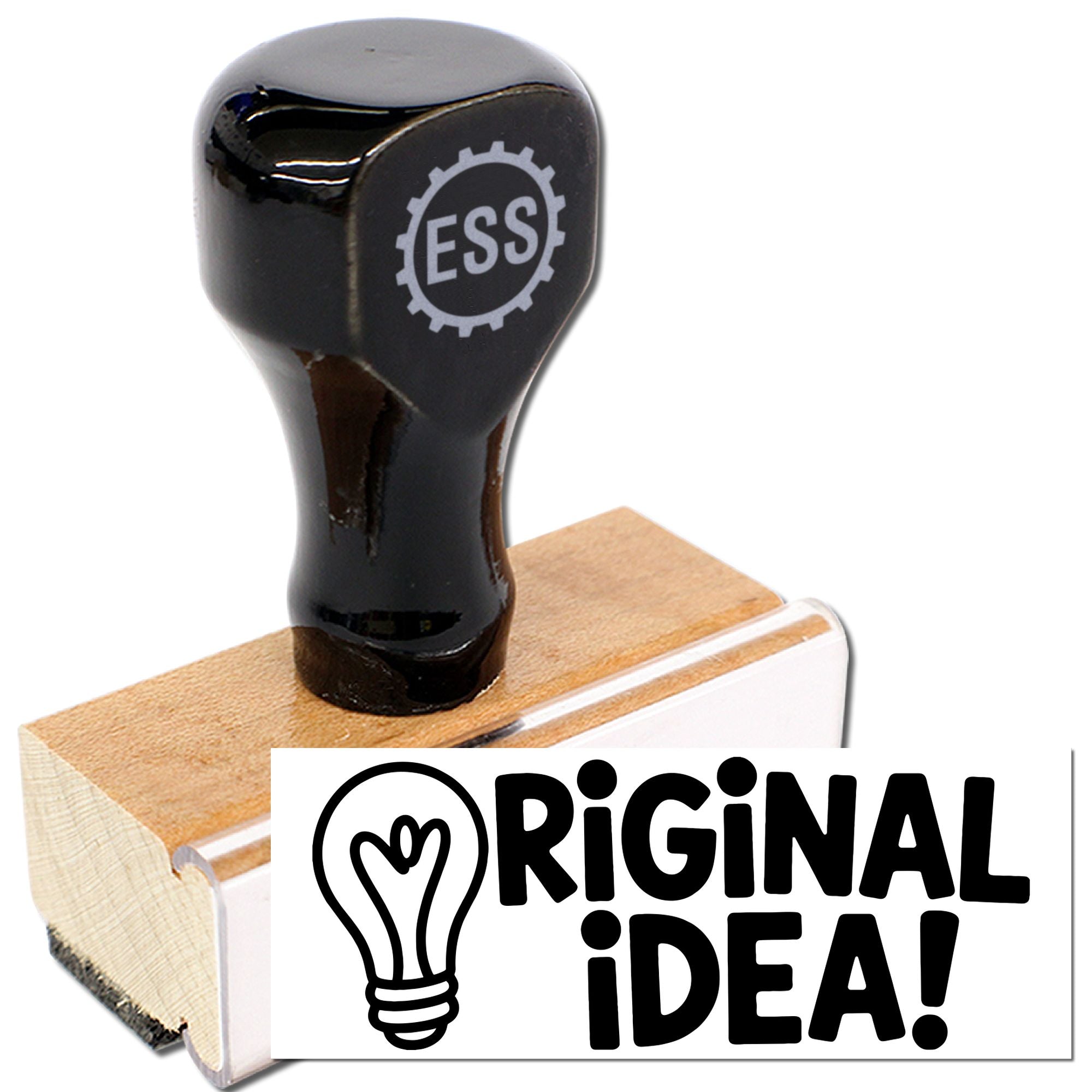 Black custom rubber stamp and seal on a wooden base, featuring a white Original iDEA! design on a white background.
