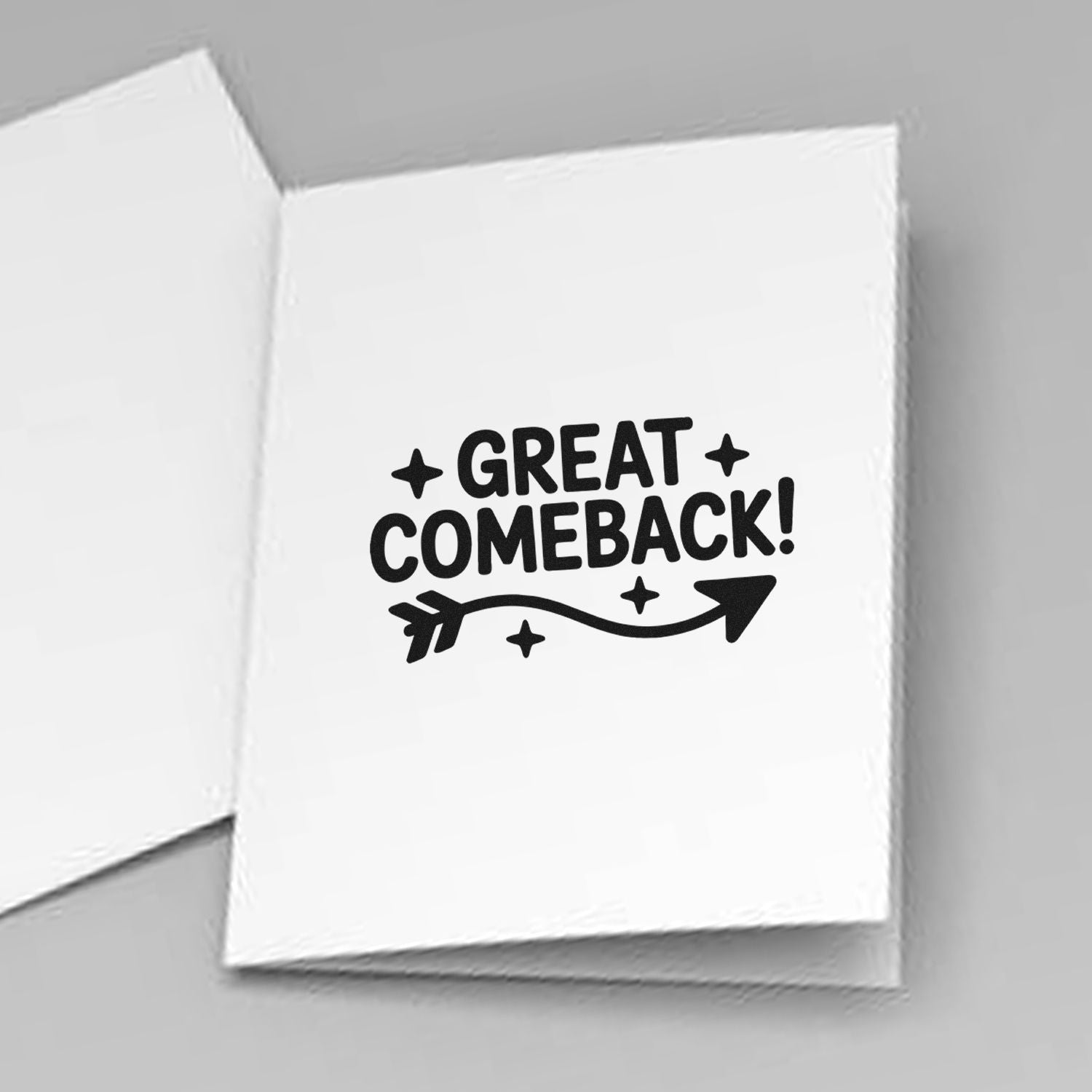 Black Great Comeback! stamp design with star accents and arrow on white paper, shown beside a folded card on gray background.