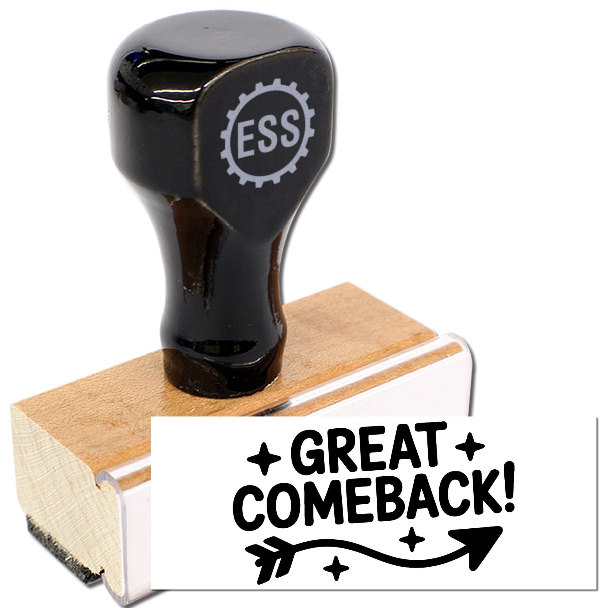 Black ESS rubber stamp and seal on wooden block, with bold Great Comeback! print, stars, and arrow on white.
