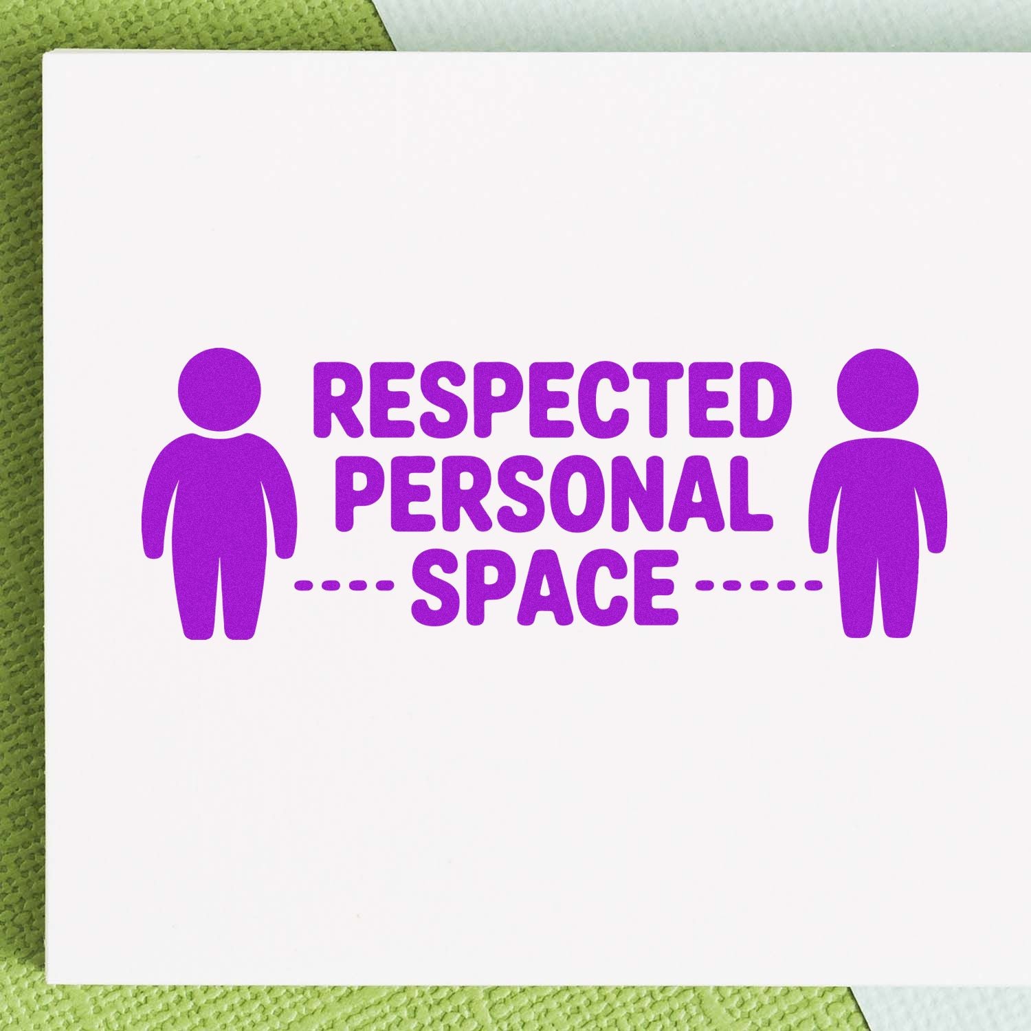 Purple respected personal space stamp design with two person icons on a white seal card.