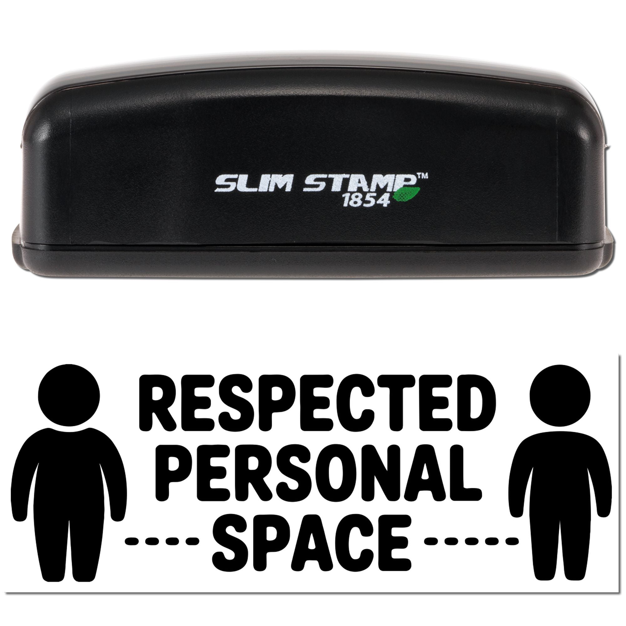 Black Slim Stamp 1854 self-inking stamp with green leaf logo and bold RESPECTED PERSONAL SPACE seal design on white.