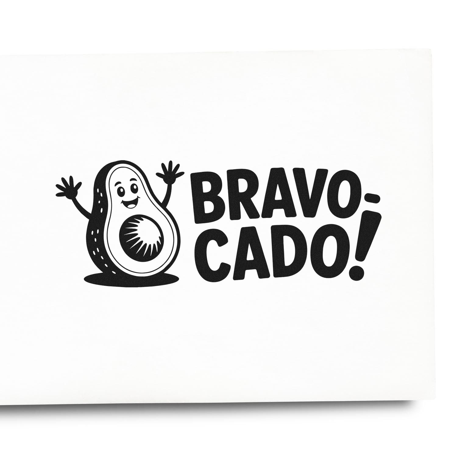 Black Bravo Cado! black avocado stamp and seal design with smiling cartoon avocado on white background.