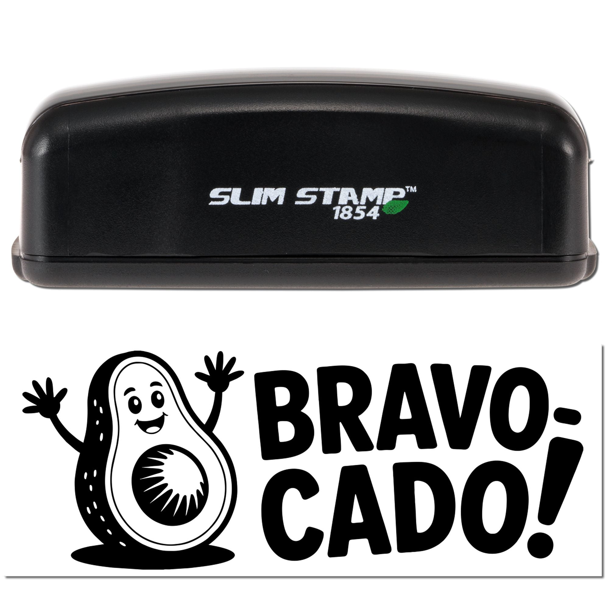 Black Slim Stamp 1854 embosser with white BRAVO CADO! avocado seal design and cartoon avocado graphic.