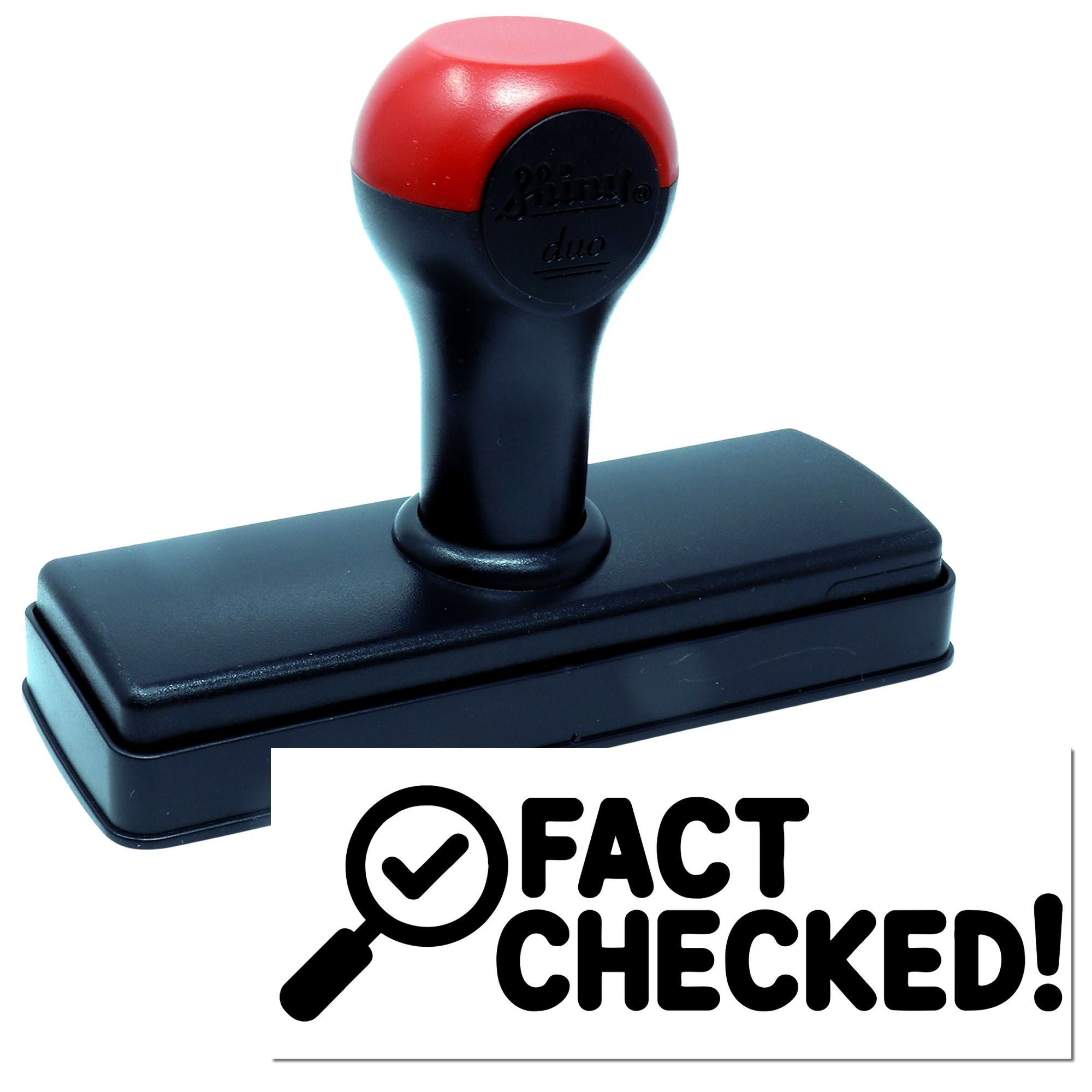 Red-and-black self-inking stamp and seal with FACT CHECKED mark on white background.
