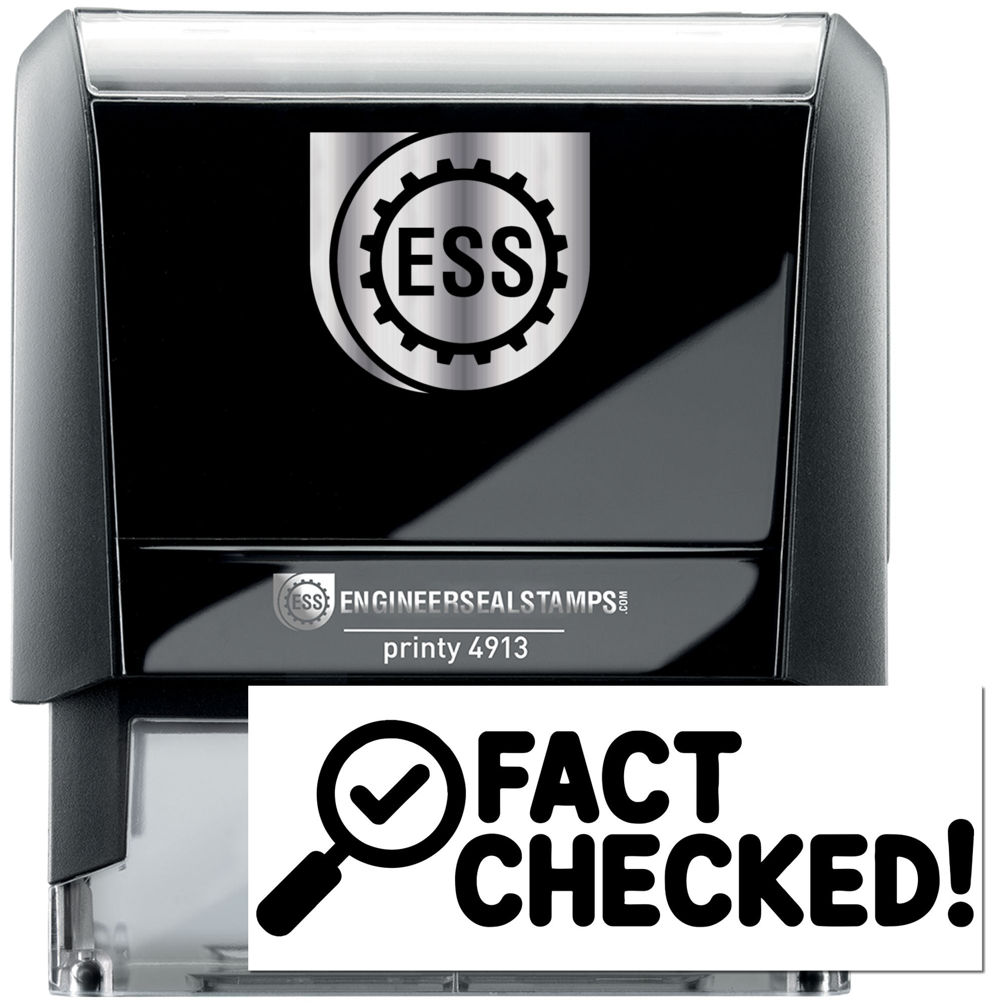 Black and silver self-inking stamp and seal with ESS gear logo and Fact Checked! imprint.