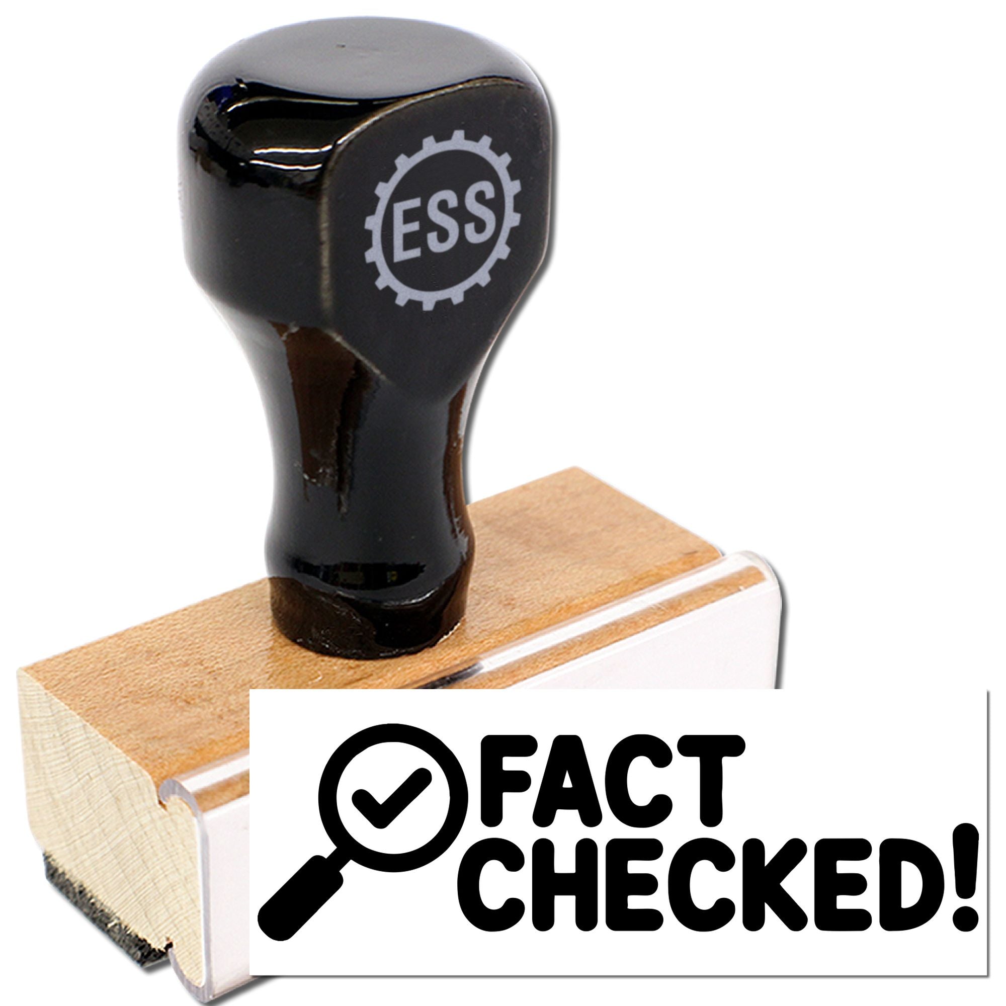 Black ESS rubber stamp on wooden base with FACT CHECKED! label and magnifying glass icon