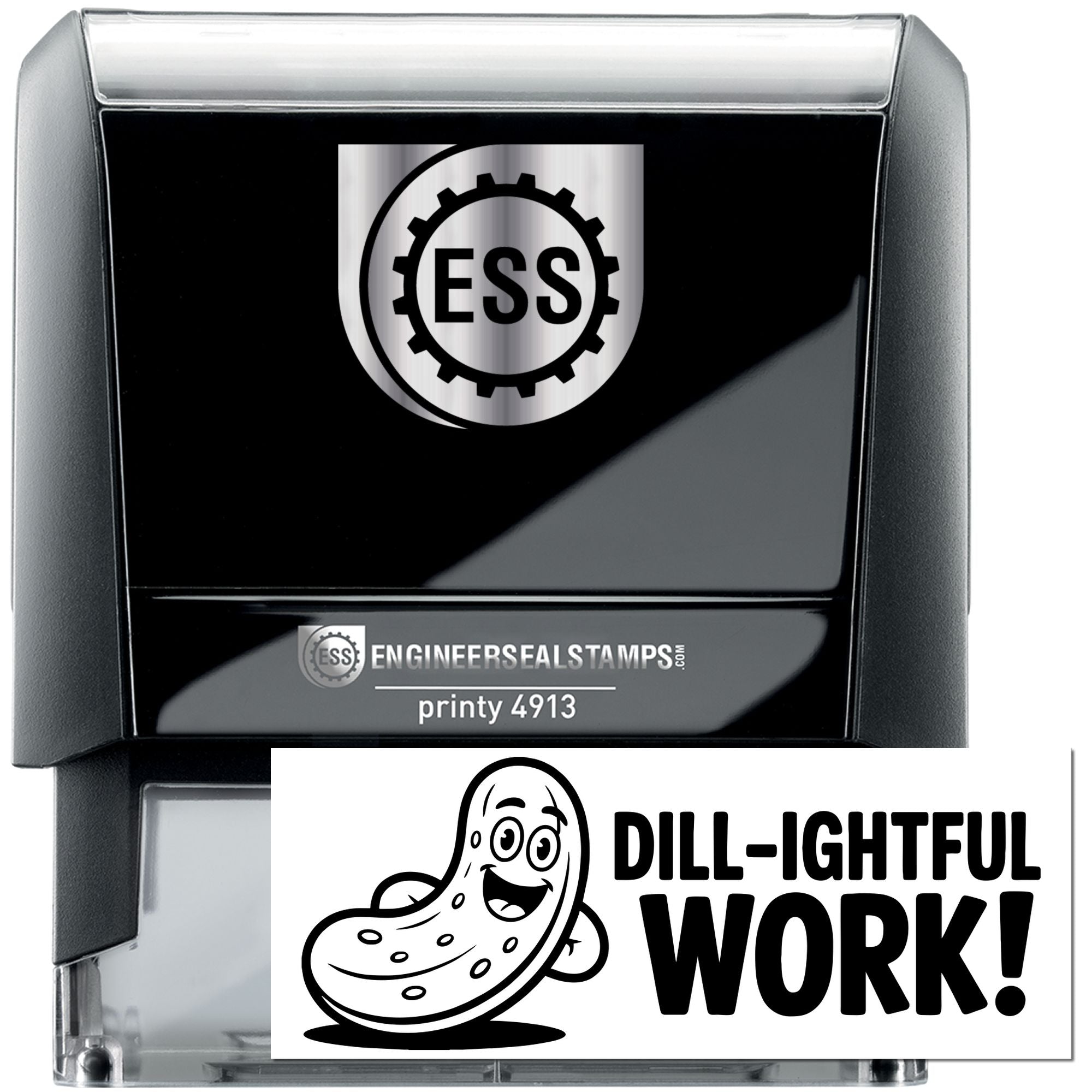 Black self-inking ESS engineer seal stamp and clear dill-ightful work stamp with pickle graphic on white background.
