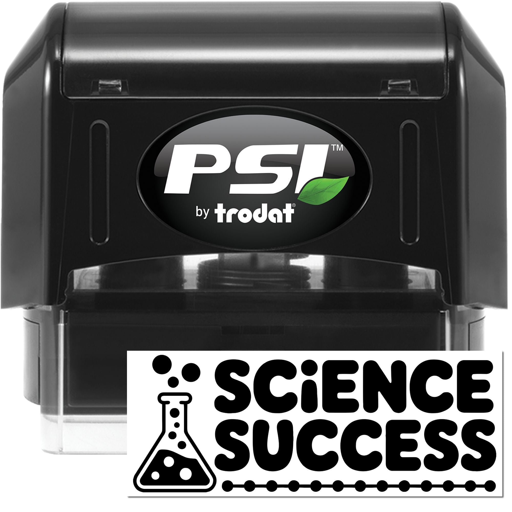Black PSI by Trodat self-inking stamp with white Science Success seal and beaker icon on black background