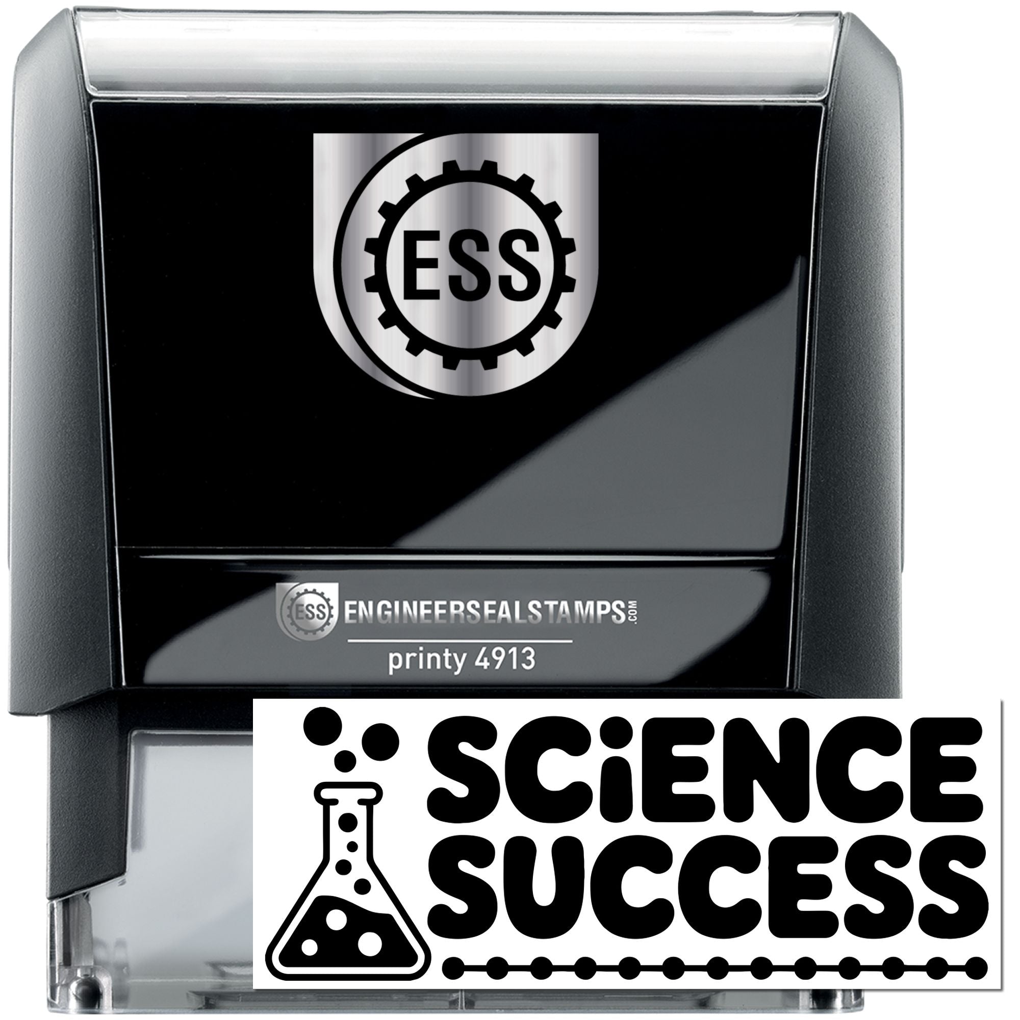 Black ESS self-inking stamp and seal, silver logo, Printy 4913, with Science Success lab graphic.