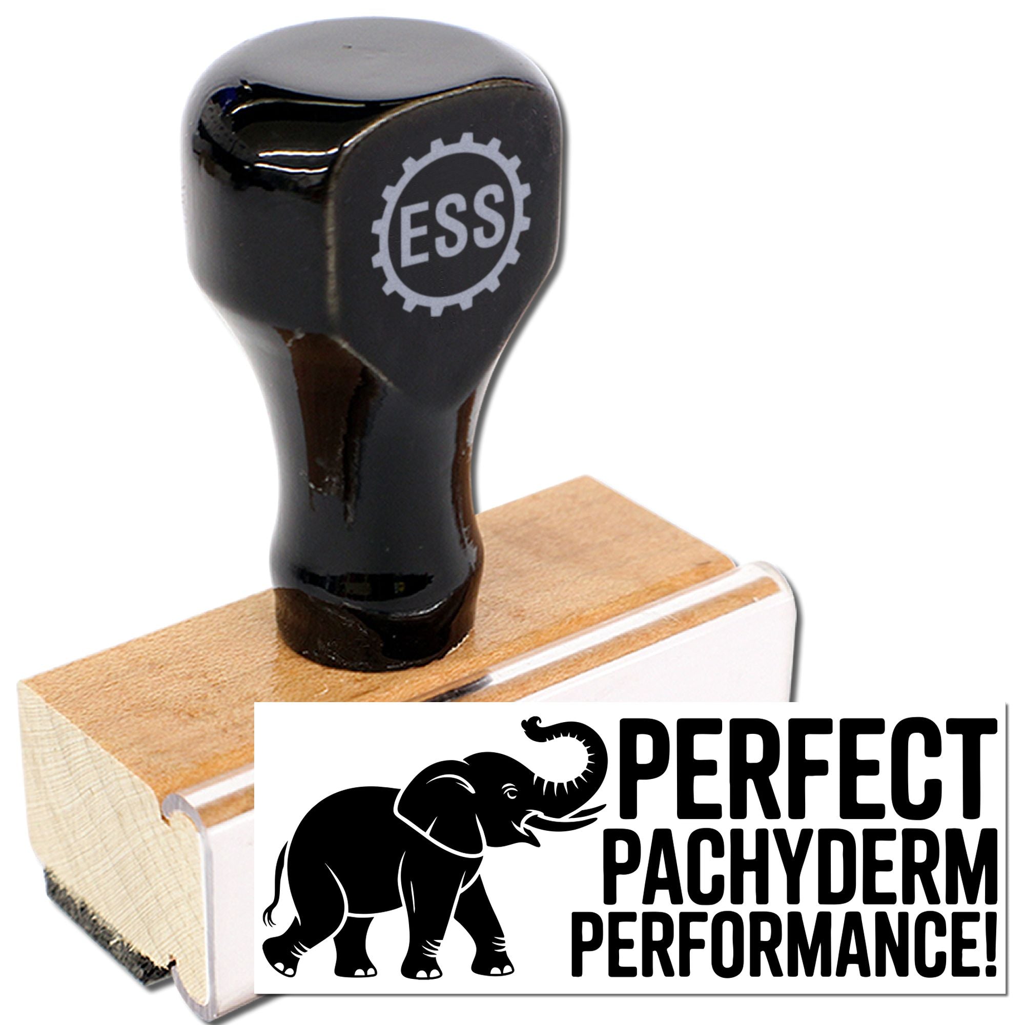 Black ESS rubber stamp on wooden base with white elephant seal graphic and bold Perfect Pachyderm Performance text