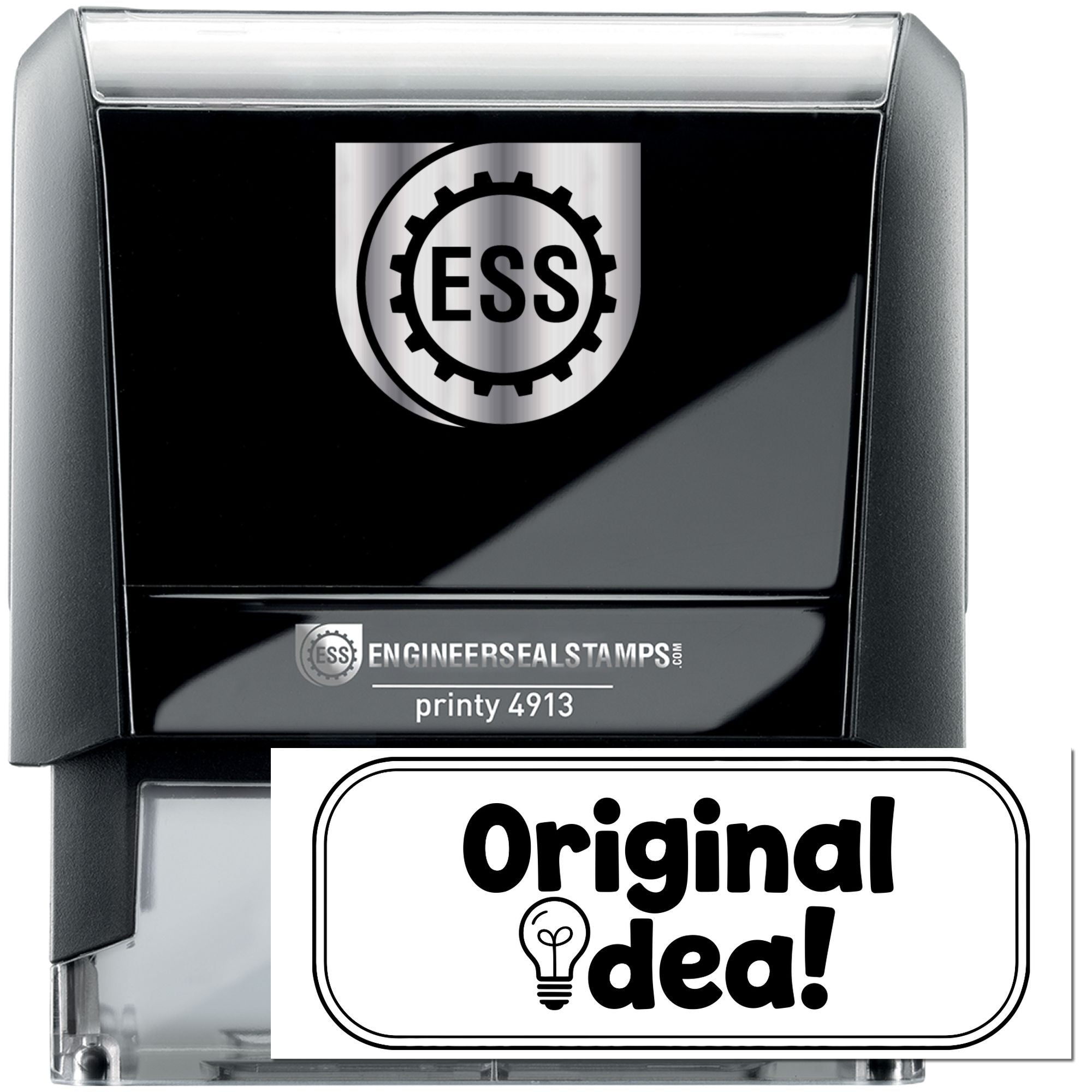 Black self-inking ESS stamp and seal with silver accents and Original idea! impression