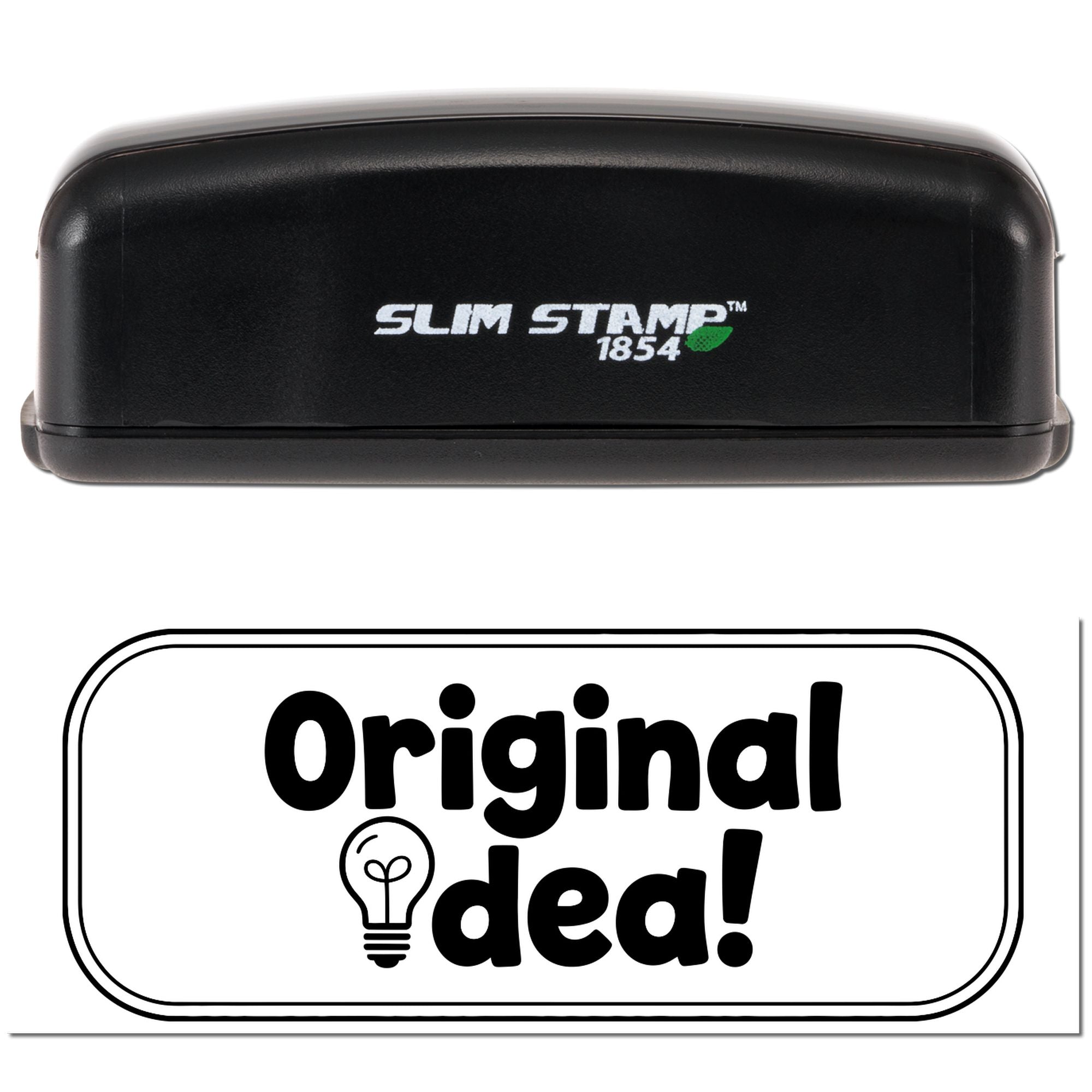 Black Slim Stamp 1854 stamp and seal set with original idea label and light bulb icon on white background.