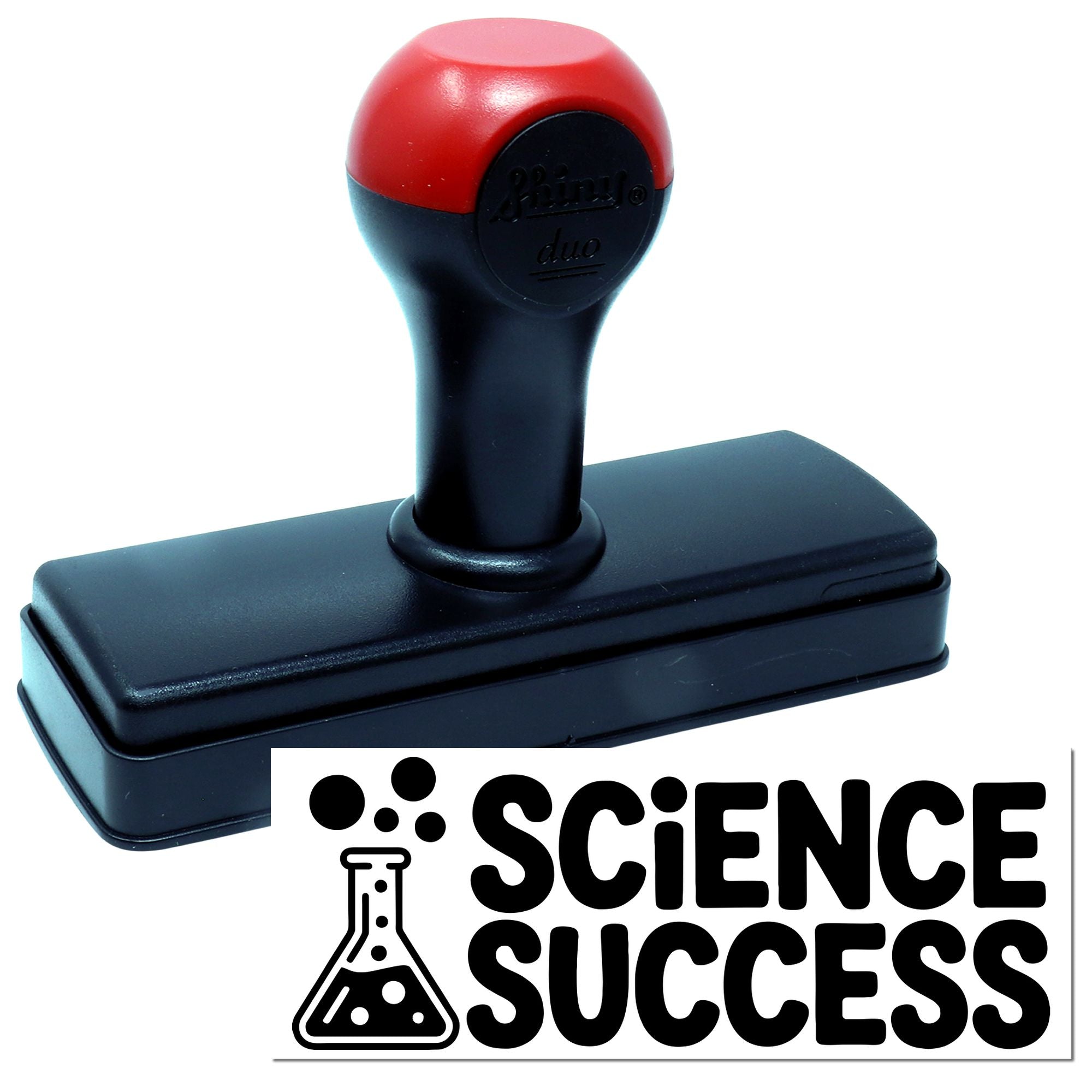 Red and black self-inking stamp seal with rectangular base and Science Success logo