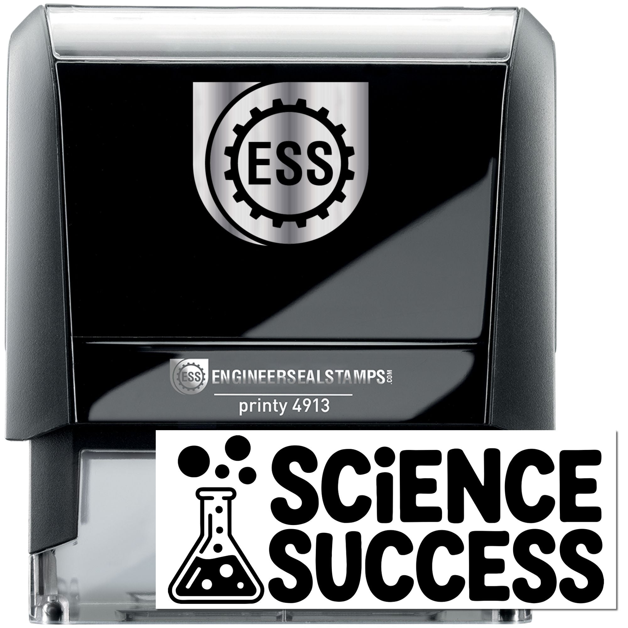Black and silver EngineerSeal stamp and seal with ESS gear logo and Science Success design