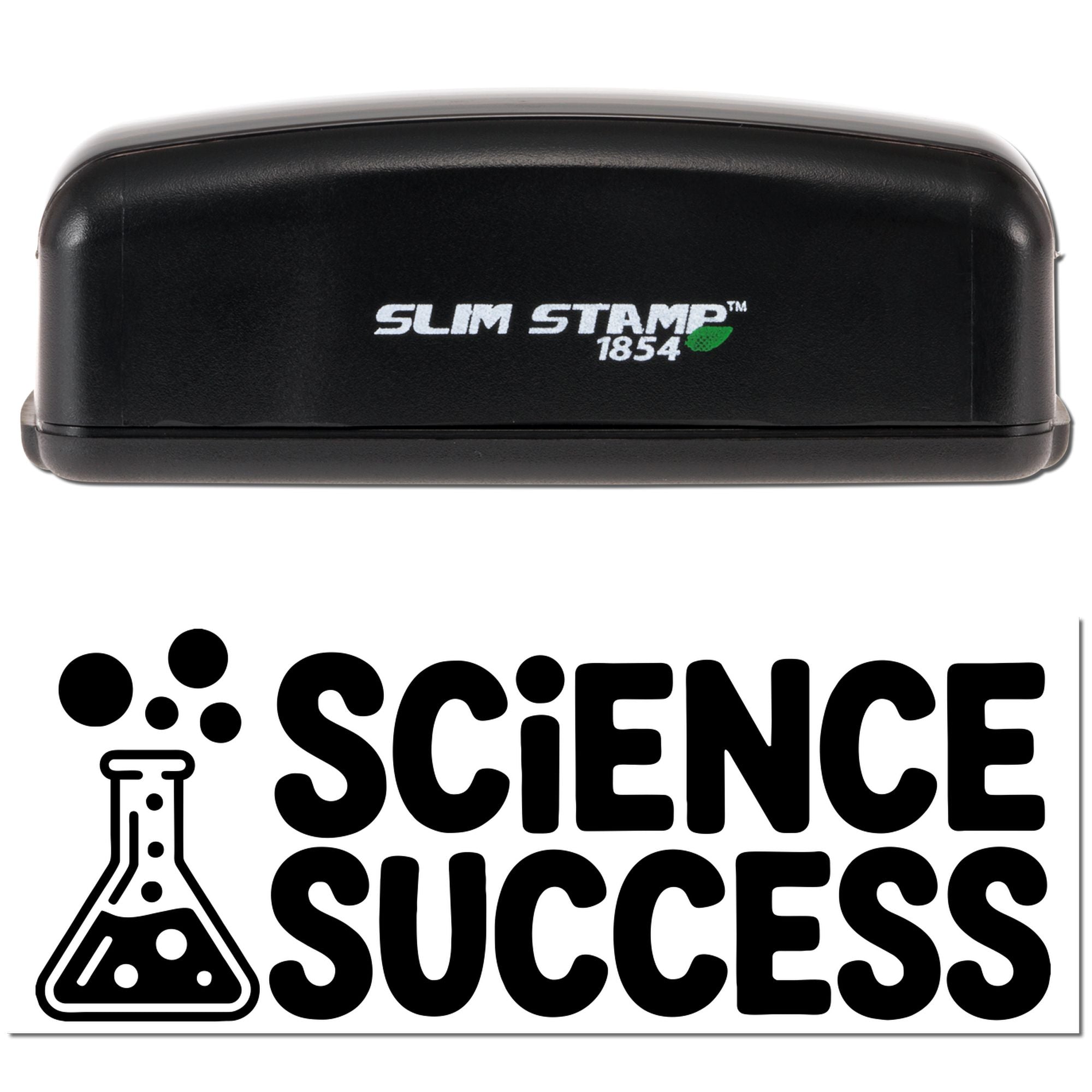 Black Slim Stamp 1854 seal with green leaf logo above bold Science Success text and laboratory flask icon.