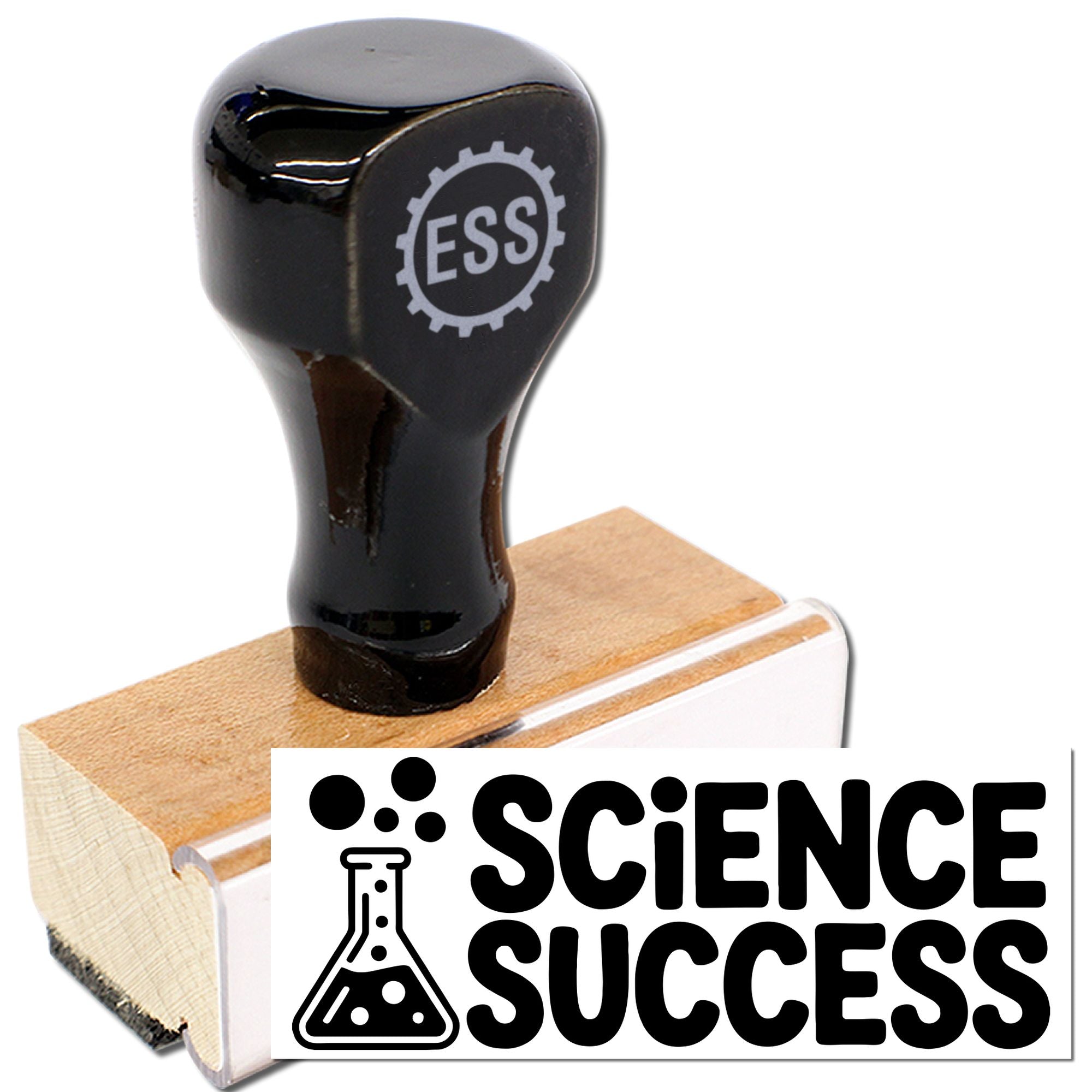 Black ESS rubber stamp on wooden block with white Science Success seal and flask icon
