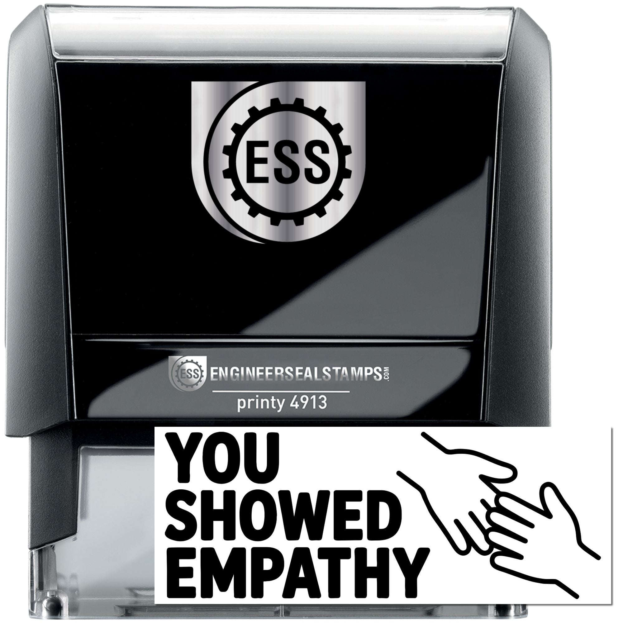 Black self-inking ESS seal stamp, Printy 4913, with silver logo and white You Showed Empathy handshake imprint.