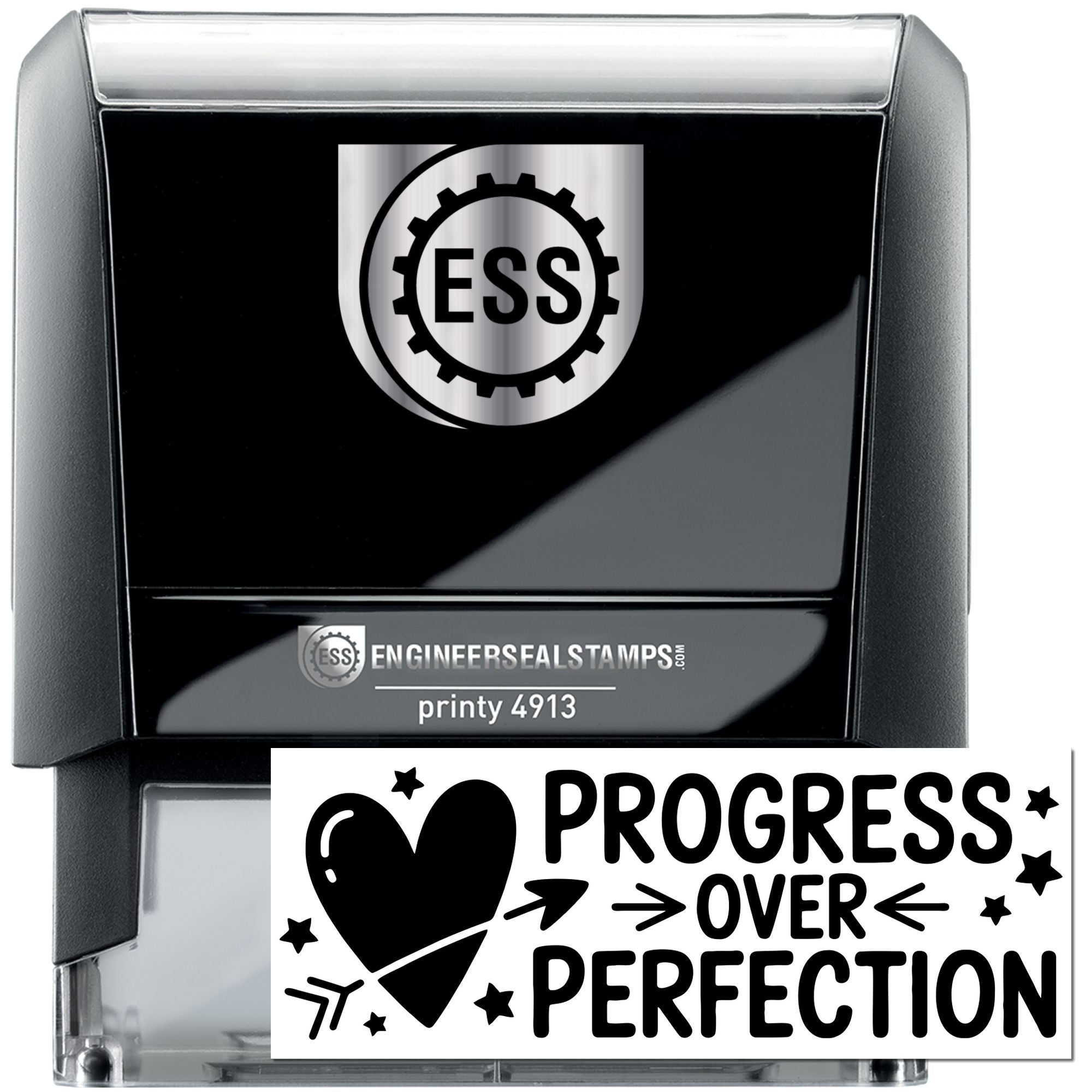 Black self-inking engineer seal stamps with silver ESS logo and Progress Over Perfection design on white background.
