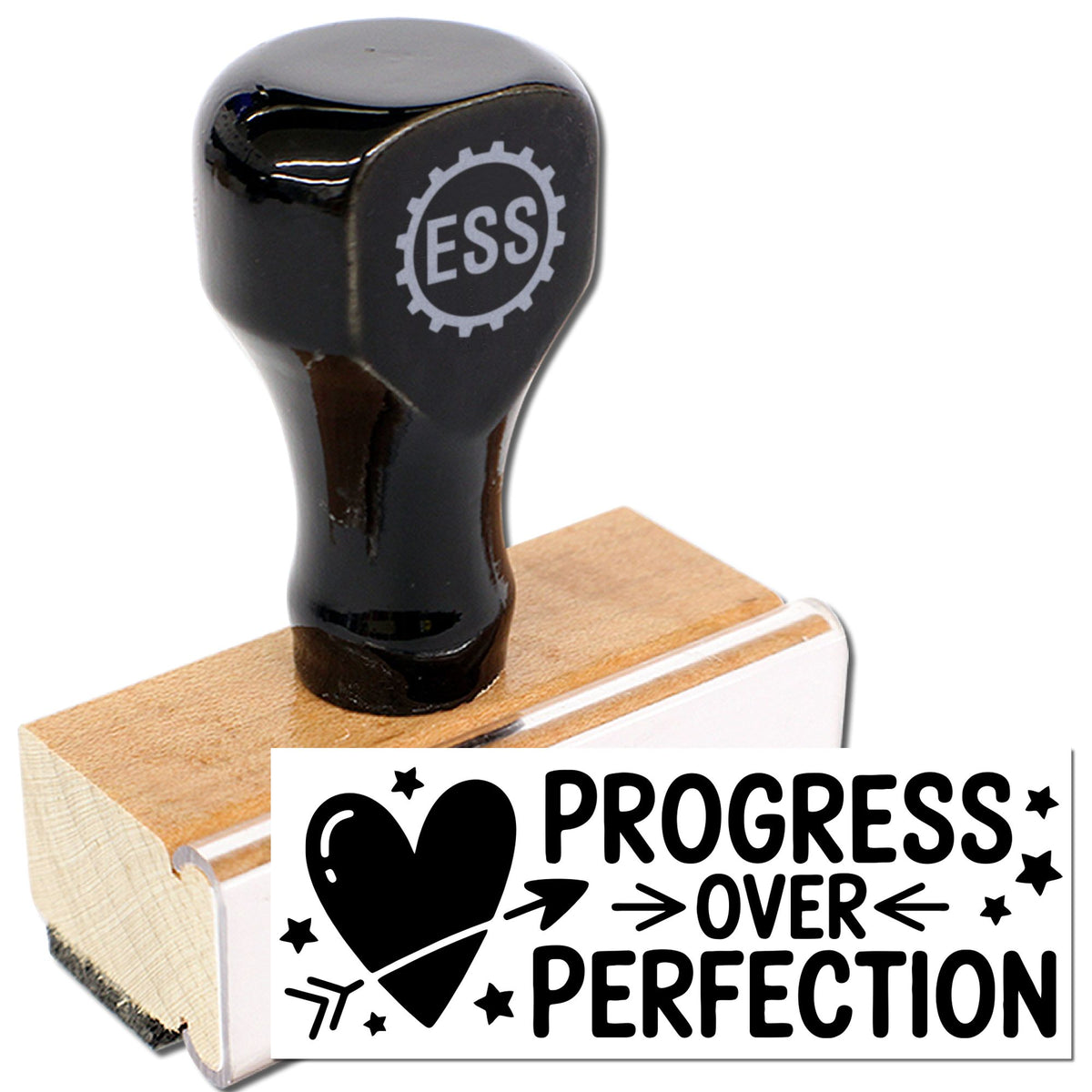 Black wood handle Acorn Science Success stamp featuring an elementary teacher classroom reward stock stamp for educational use.