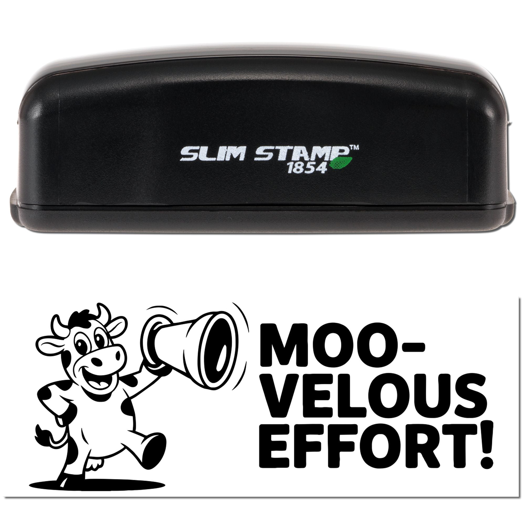 Black Slim Stamp 1854 self-inking stamp with cow graphic and MOO-VELOUS EFFORT! text on a white background