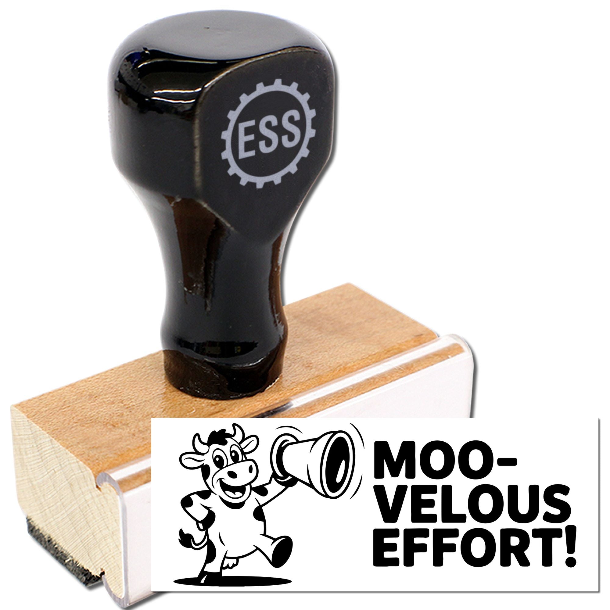 Black self-inking stamp seal with ESS logo on wooden base, beside a cow design and MOO-VELOUS EFFORT! imprint.