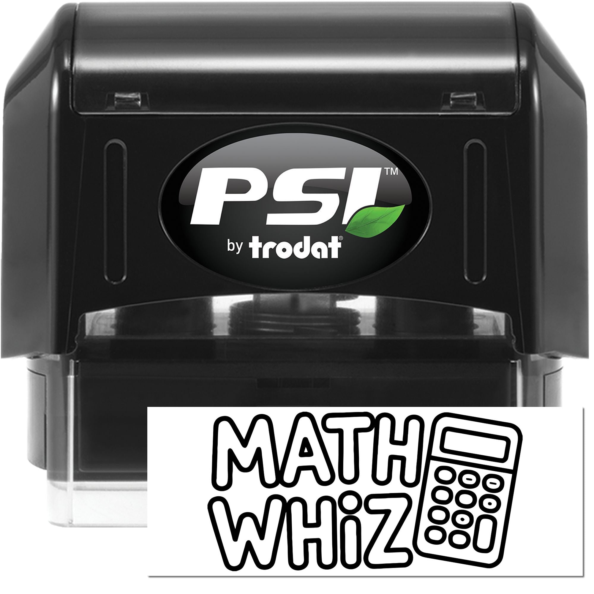 Black PSI by Trodat self-inking stamp and seal with green leaf logo, clear base, and Math Whiz design