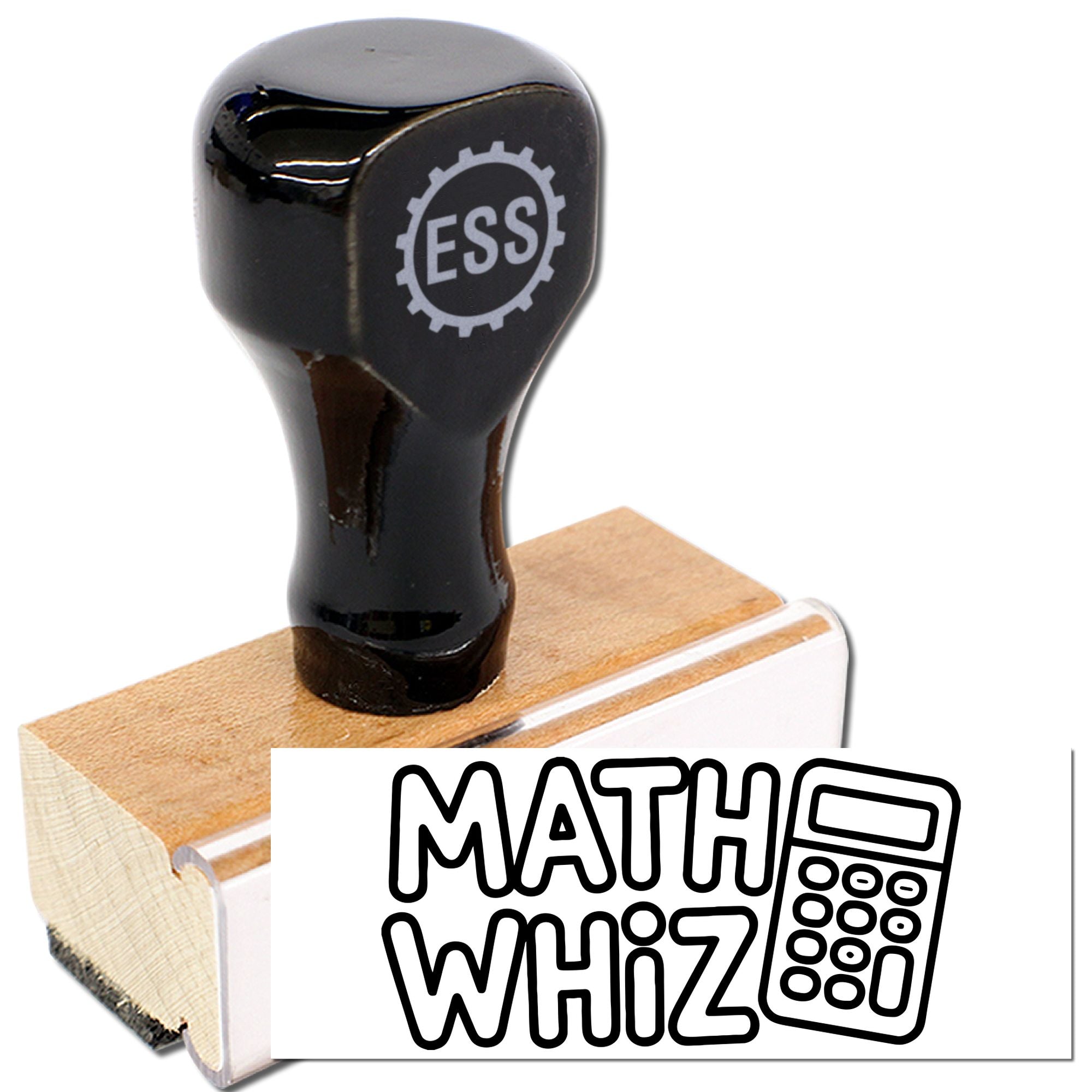 Black ESS self-inking stamp and seal on wooden base with white Math Whiz design