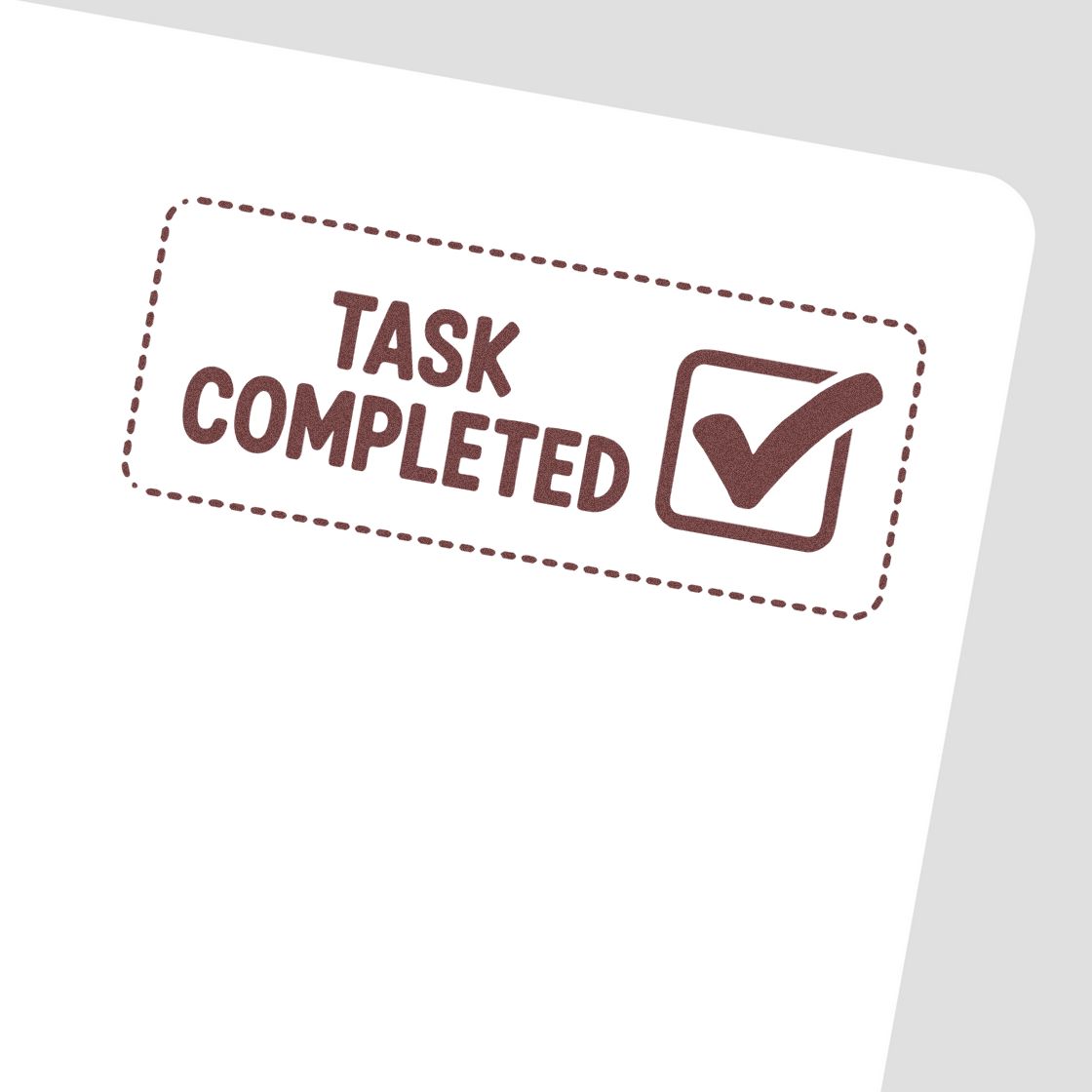 Brown Task Completed rubber stamp seal with checkmark on white paper