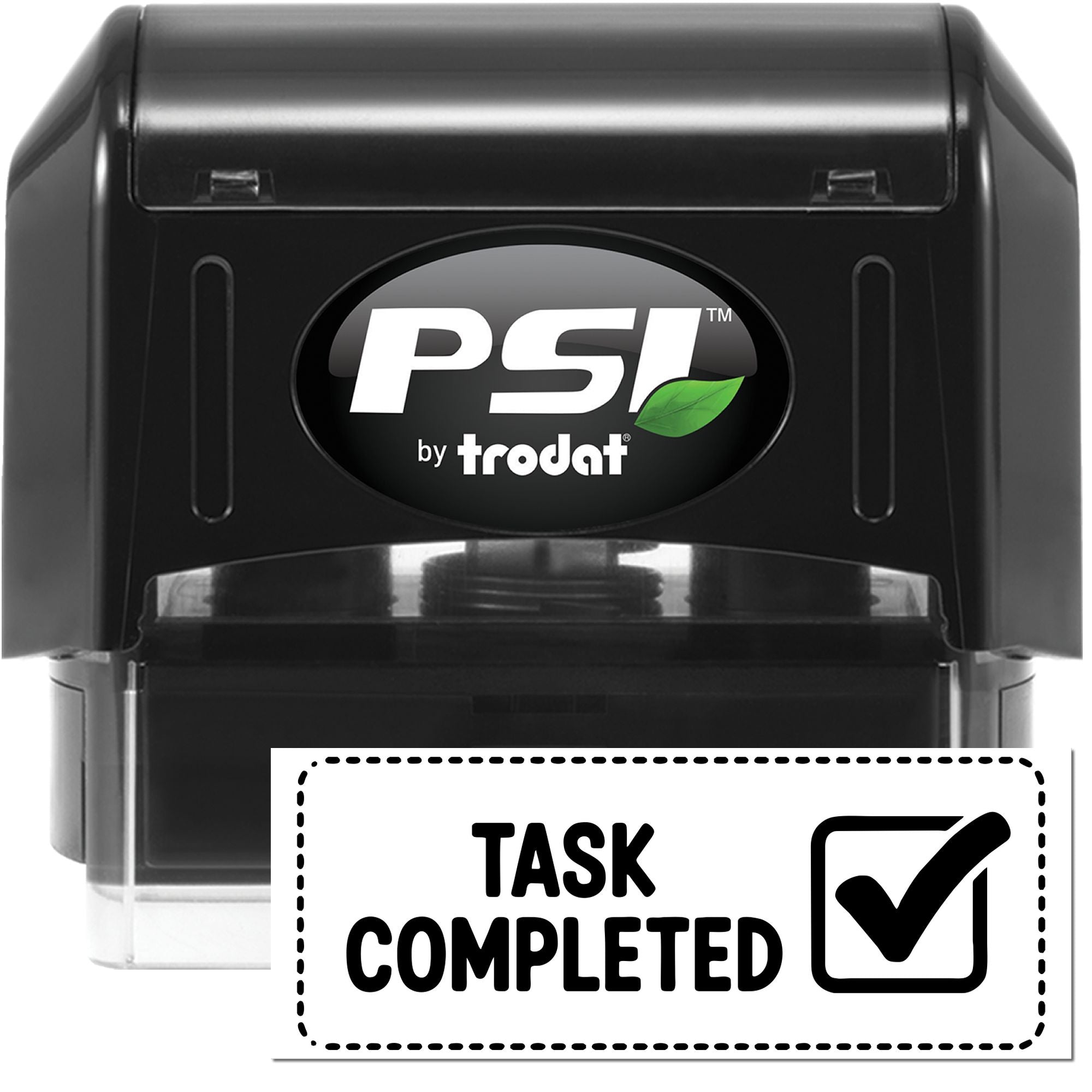 Black PSI by Trodat self-inking stamp and seal with green leaf logo, showing a Task Completed checkmark imprint.