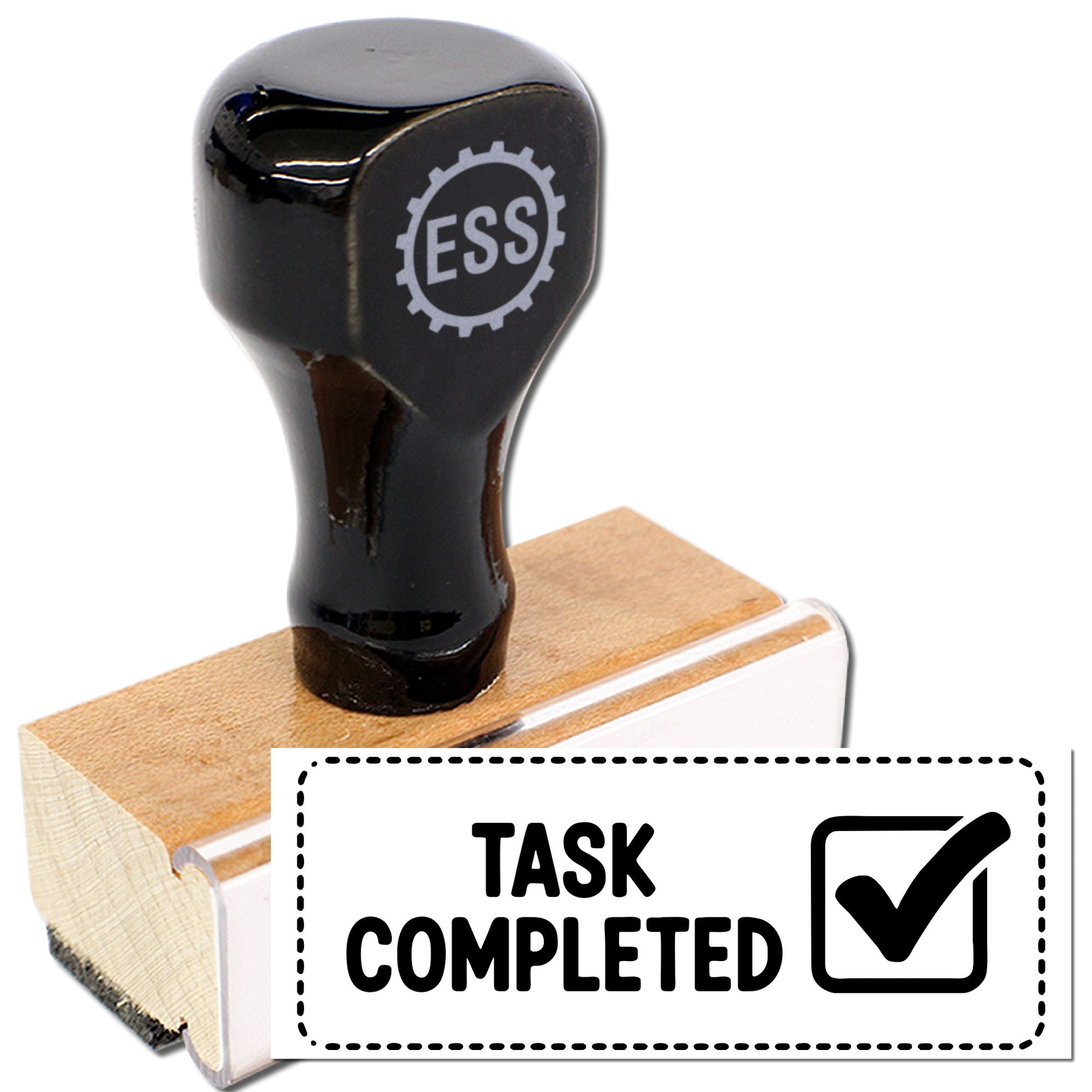 Black ESS rubber stamp on wooden base with Task Completed seal graphic, white background.