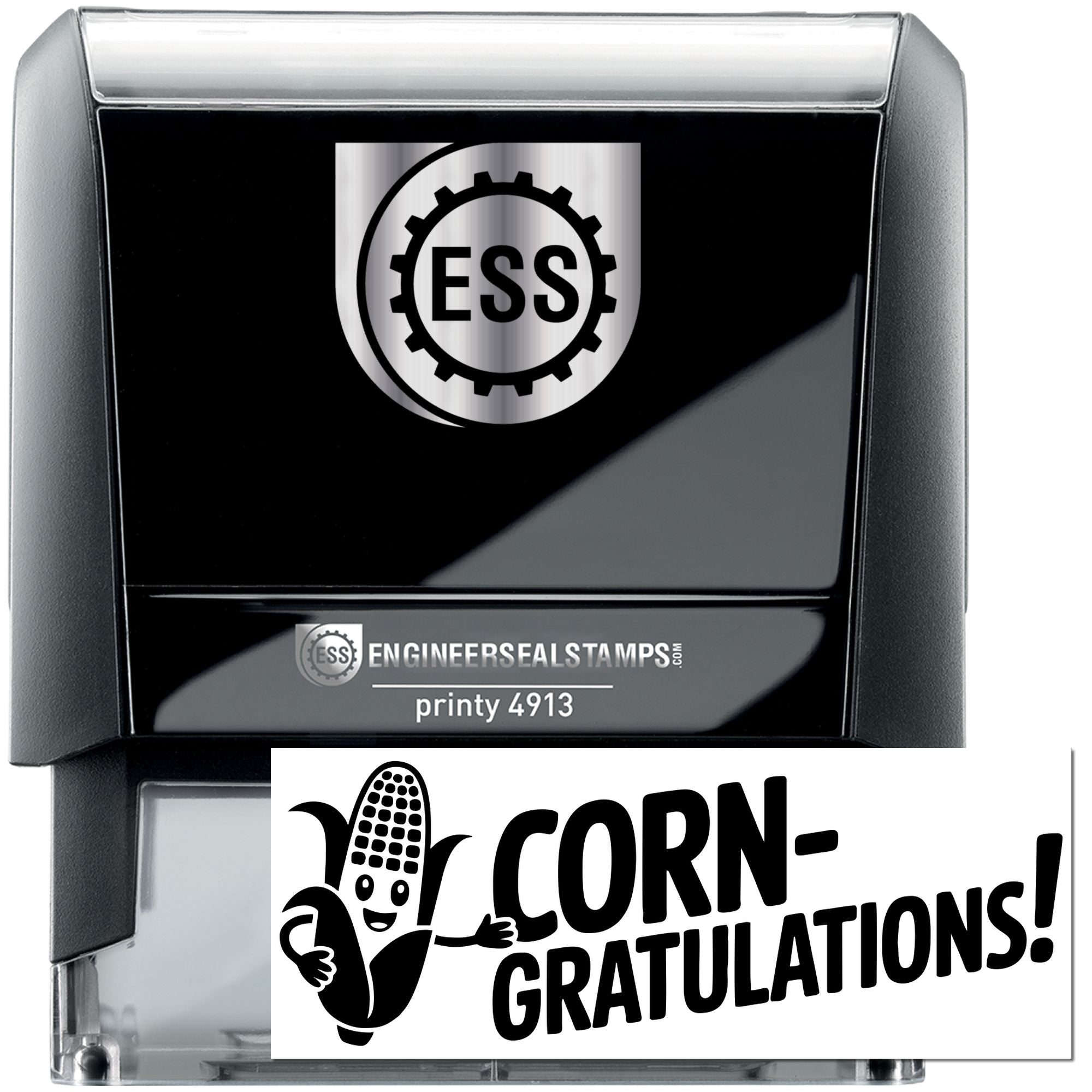 Black self-inking engineer seal stamp, black and silver, with ESS logo and Corn-gratulations imprint on white.