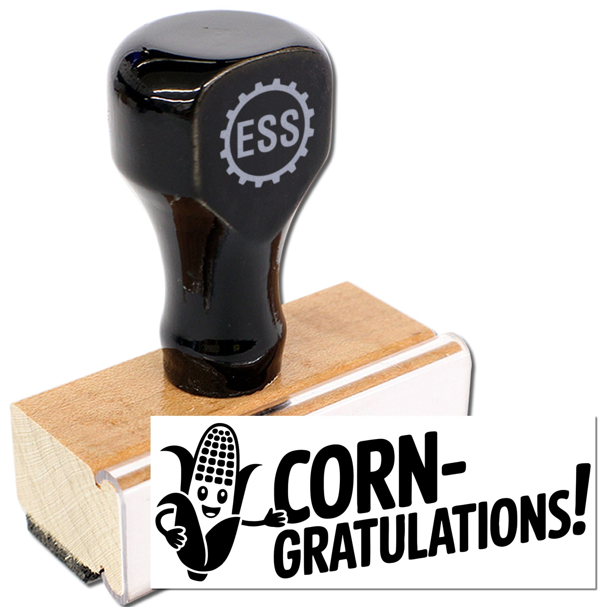 Black rubber stamp and wooden seal block with ESS logo, featuring a Corn-gratulations imprint.