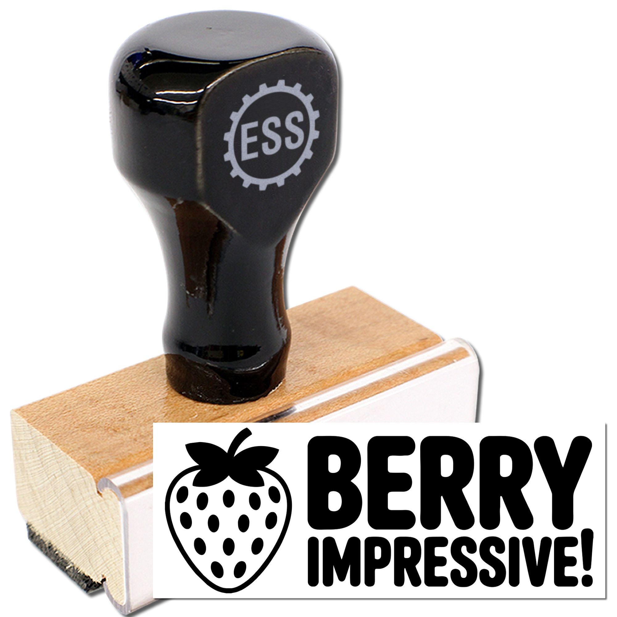 Black rubber stamp and wooden seal with ESS logo, printing Berry Impressive! beside a strawberry icon.