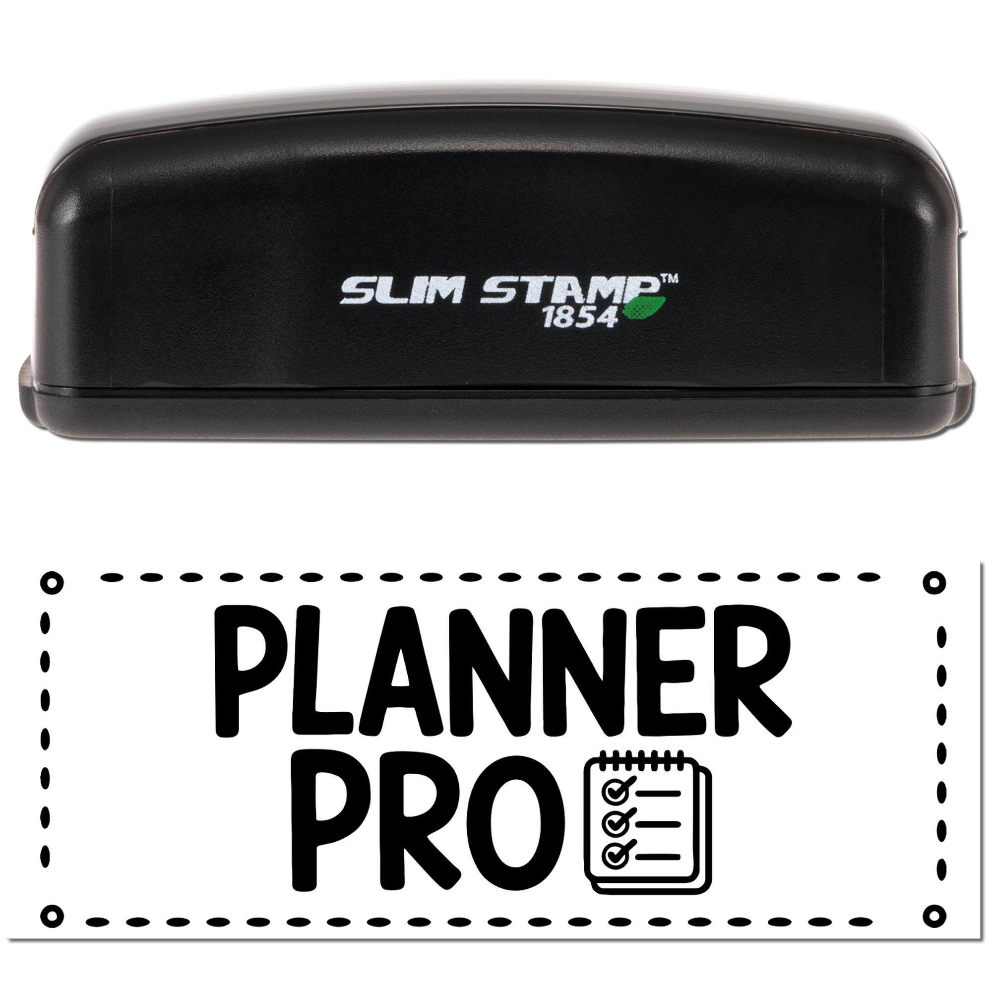 Black Slim Stamp 1854 on white background above a Planner Pro seal with bold black text and checklist icon.