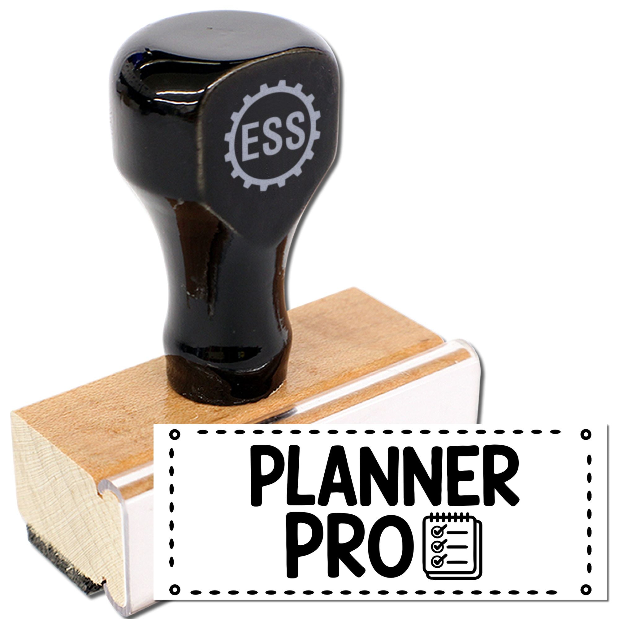 Black ESS rubber stamp with wooden base and Planner Pro seal, featuring a white checklist design.