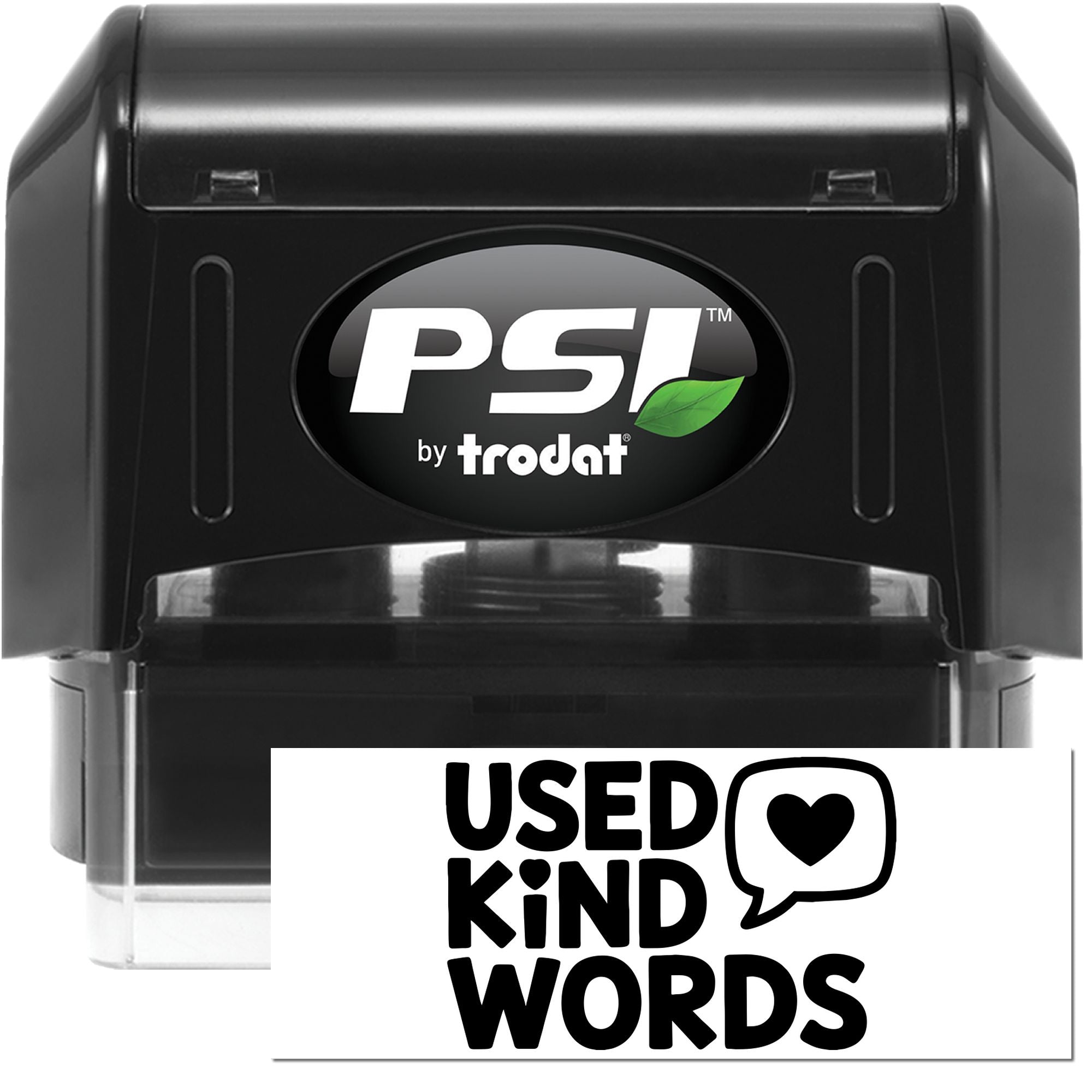 Black PSI by Trodat self-inking stamp and seal with white USED KIND WORDS heart design.
