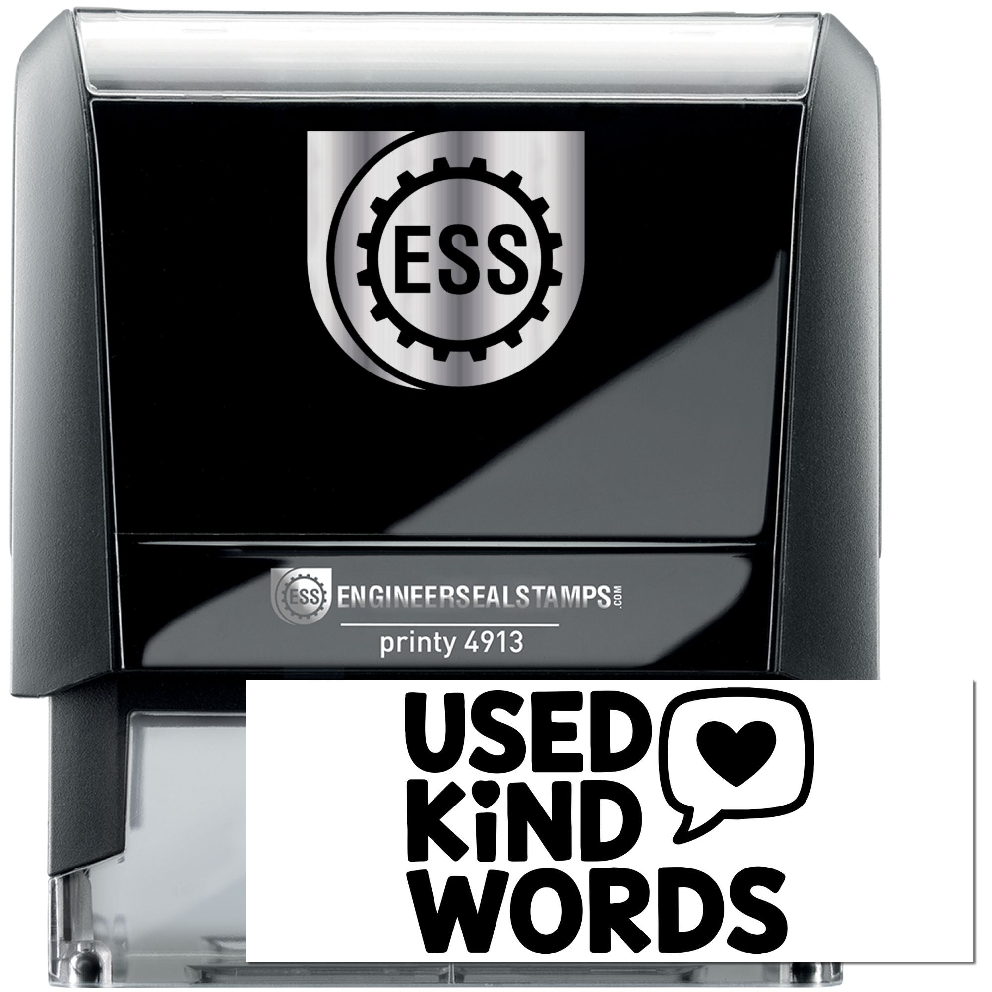Black and gray self-inking stamp and seal set with ESS logo and bold USED KIND WORDS imprint on white card.