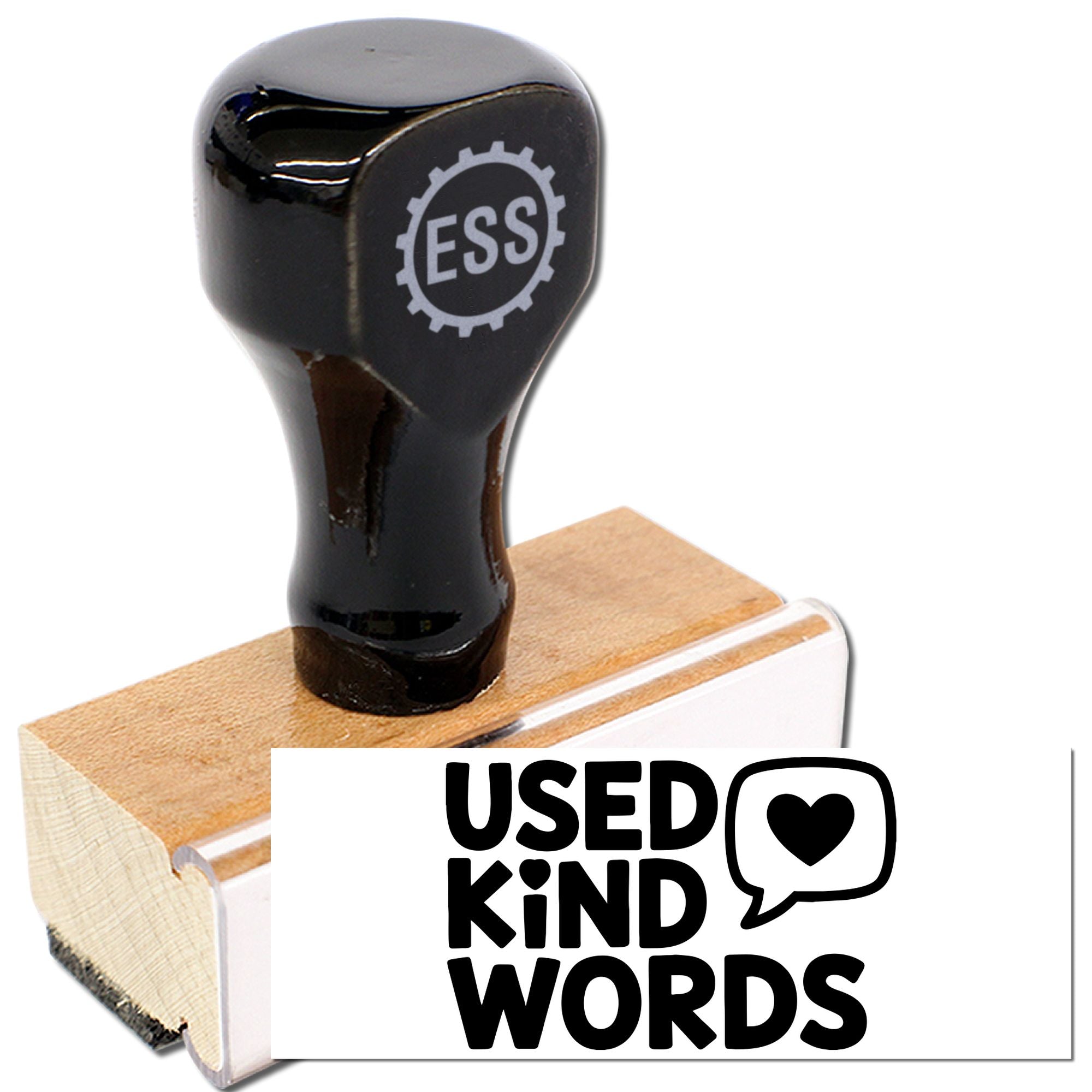 Black ESS rubber stamp with wooden handle and USED KIND WORDS seal, black text on white background.