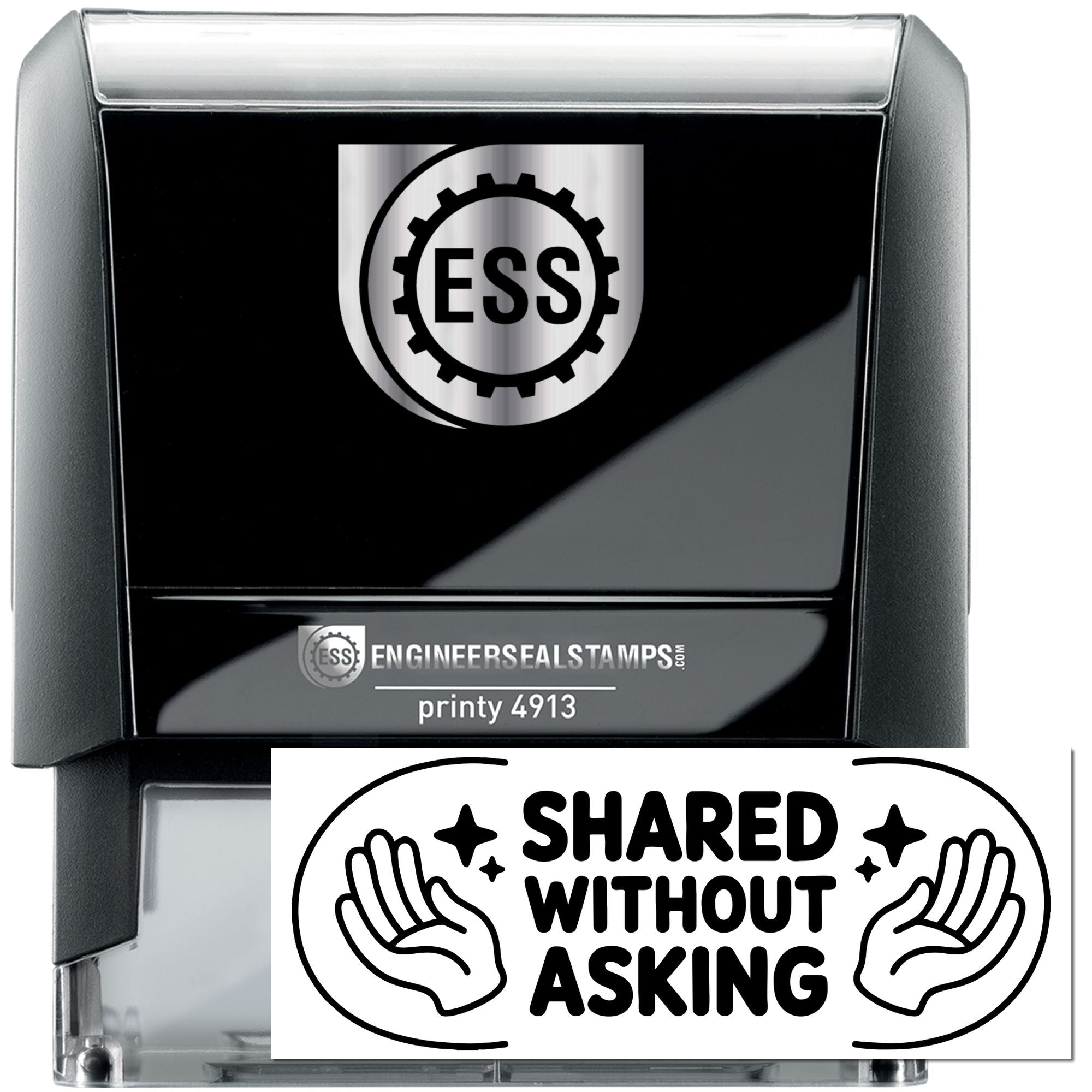 Black self-inking engineer seal stamp with silver ESS logo and white Shared Without Asking seal design