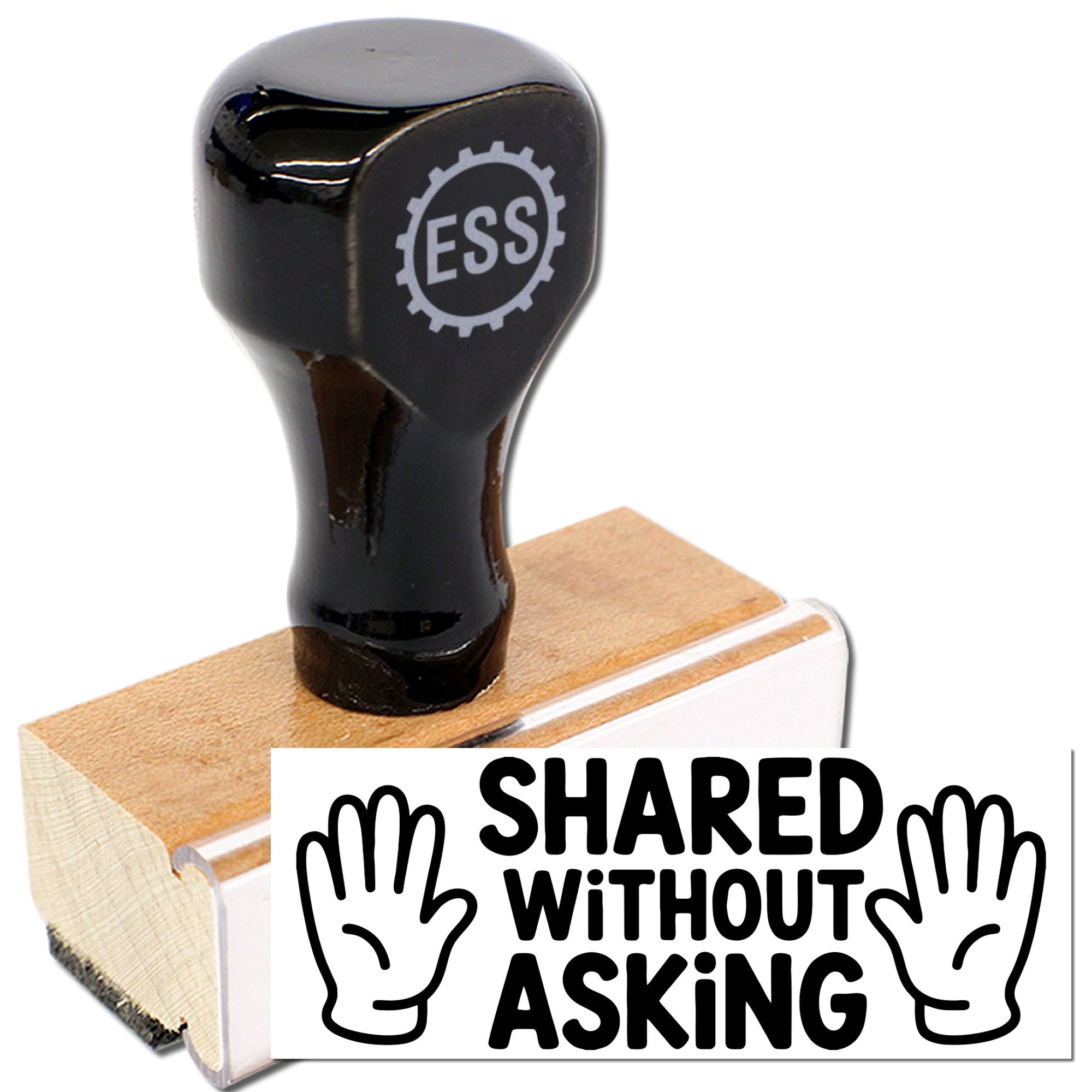 Black self-inking seal stamp on a wooden base with Shared Without Asking text and ESS gear logo.