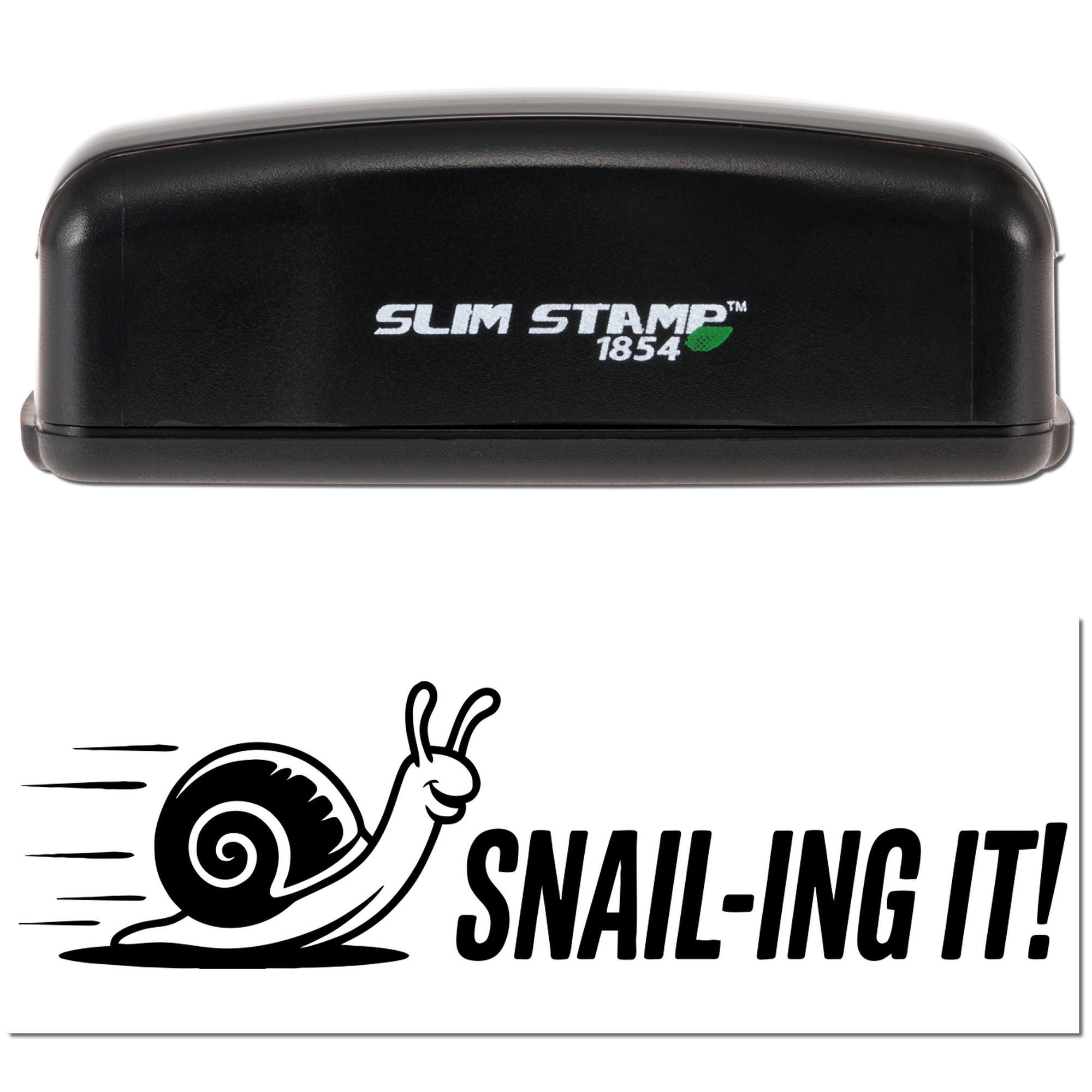 Black Slim Stamp 1854 stamp in black with green leaf logo above a white snail-themed Snail-ing It! seal graphic.
