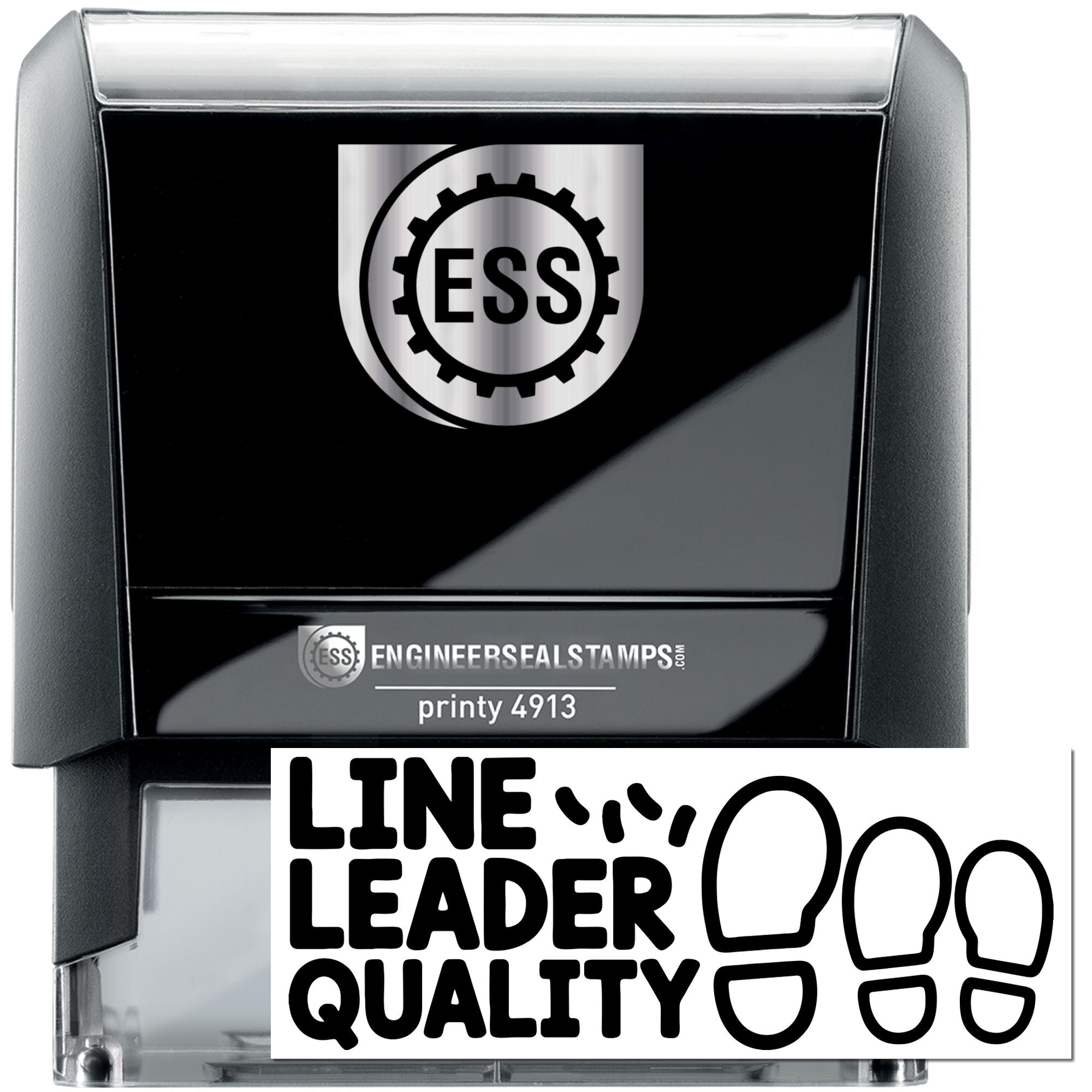 Black and silver self-inking engineer seal stamp with ESS logo and line leader quality graphic