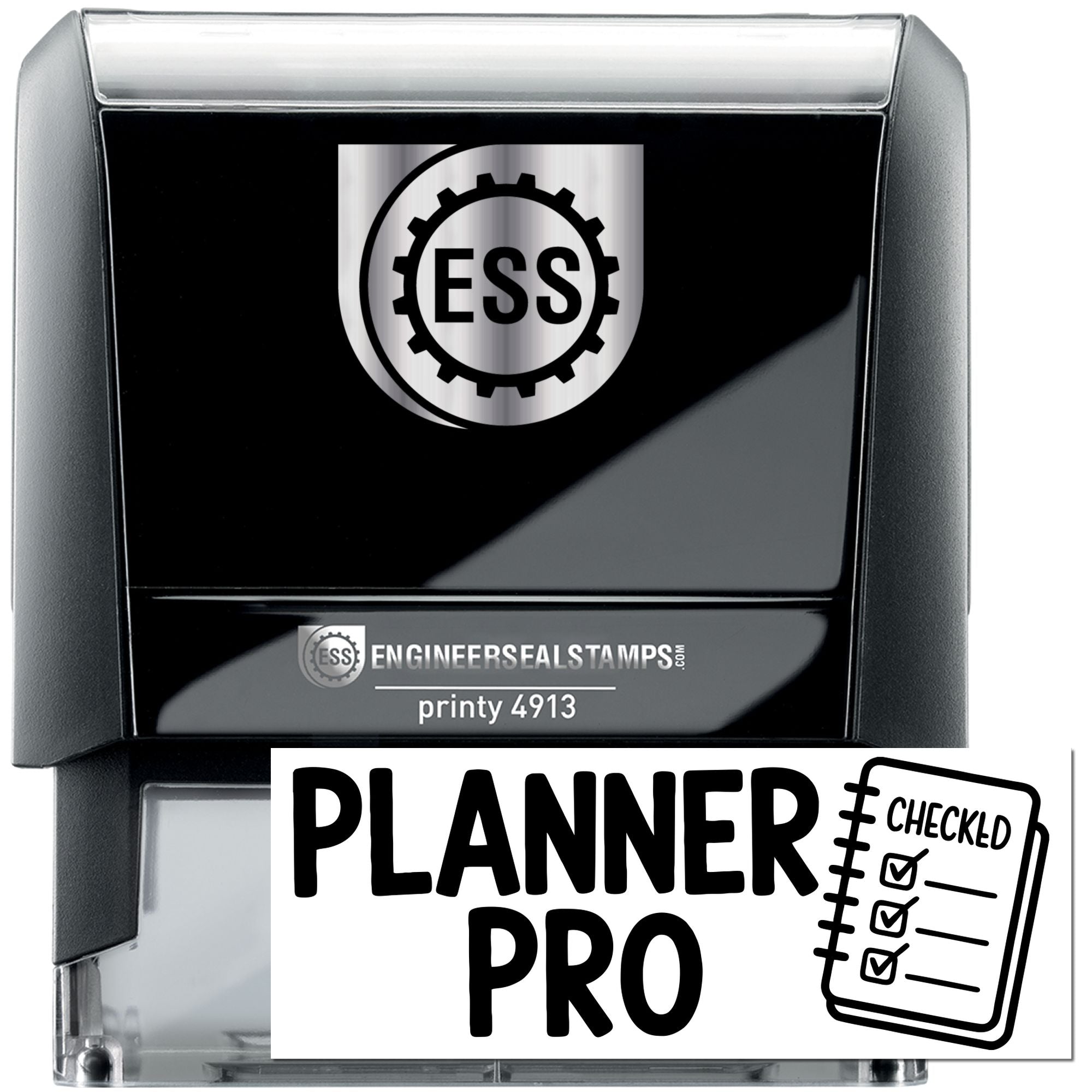 Black self-inking ESS engineer seal stamp with silver trim, showing Planner Pro and checked notebook design.