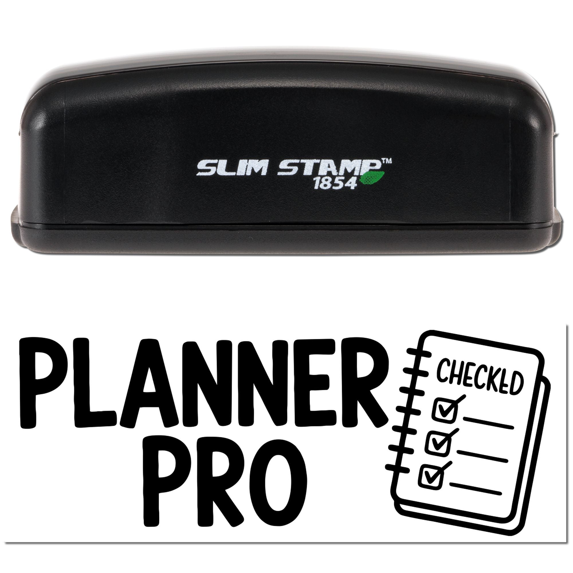 Black Slim Stamp 1854 and Planner Pro seal with checklist notebook icon on white background