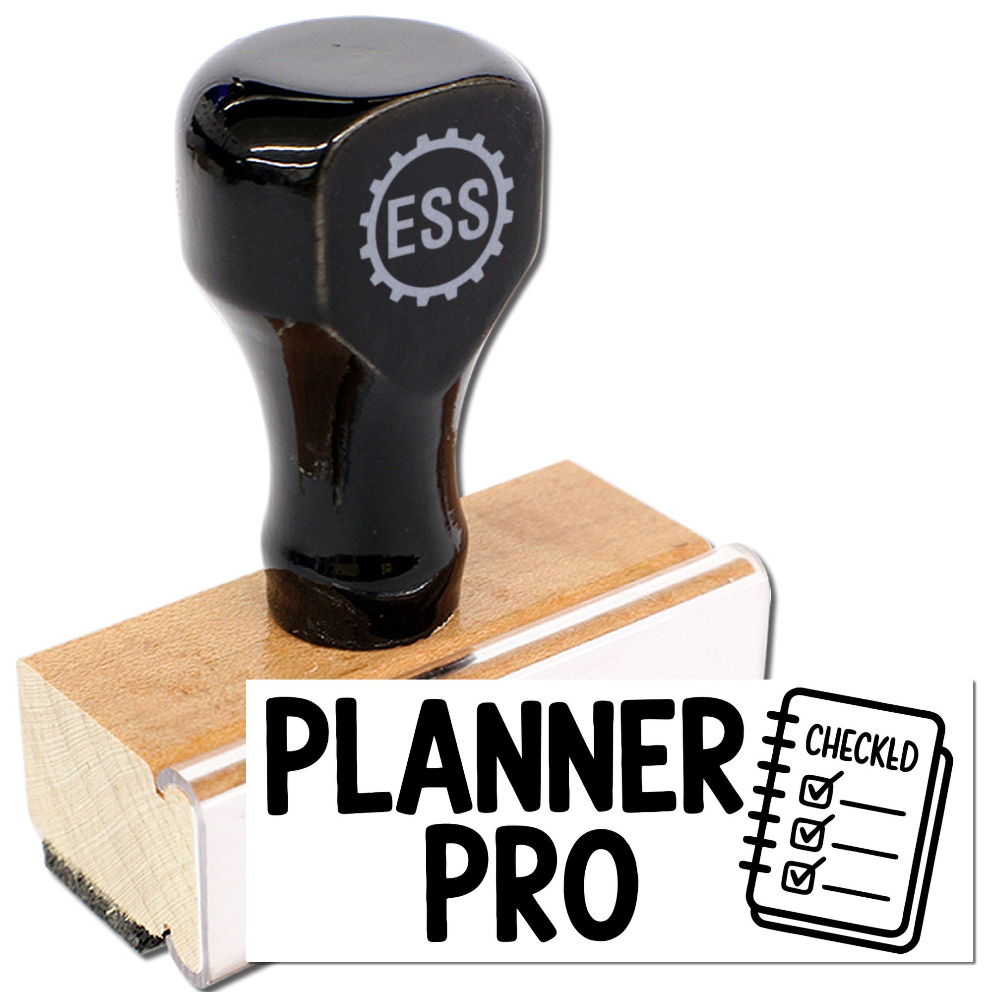 Black stamp and seal on wooden base with ESS logo and white PLANNER PRO checklist label.