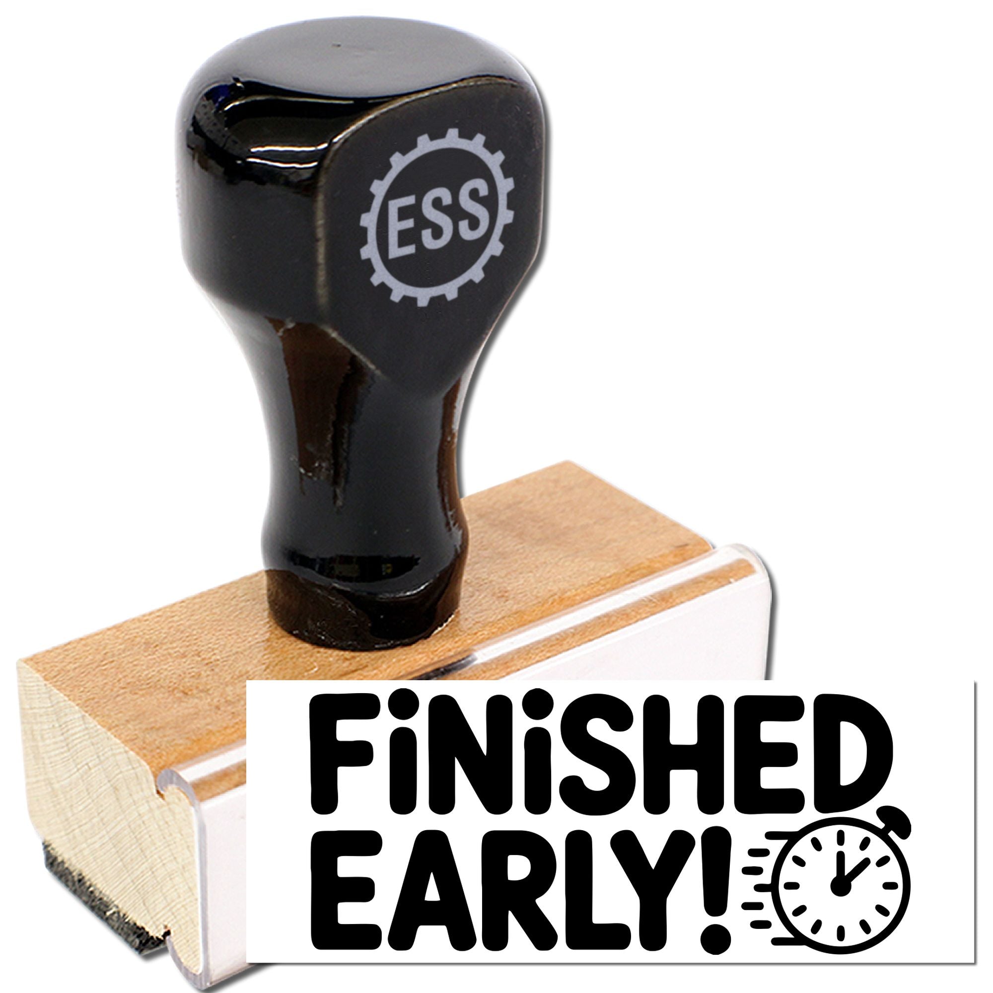 Black rubber stamp and wooden seal block with ESS logo and Finished Early! design on white background