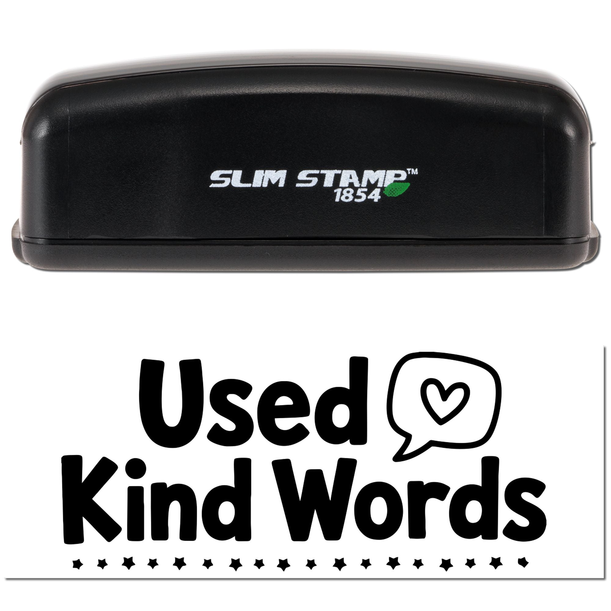 Black Slim Stamp 1854 stamp and seal case above a black Used Kind Words imprint with heart icon on white.