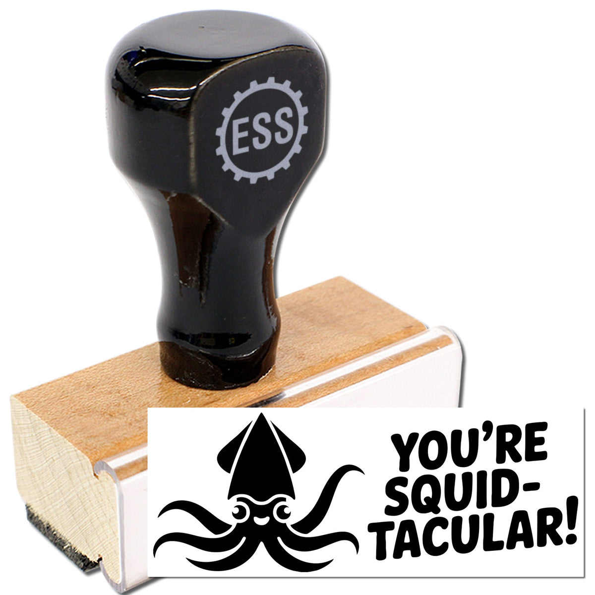 Acorn Planner Pro teacher grading stamp with wooden handle, black ink, and stock stamp design for classroom assessments.